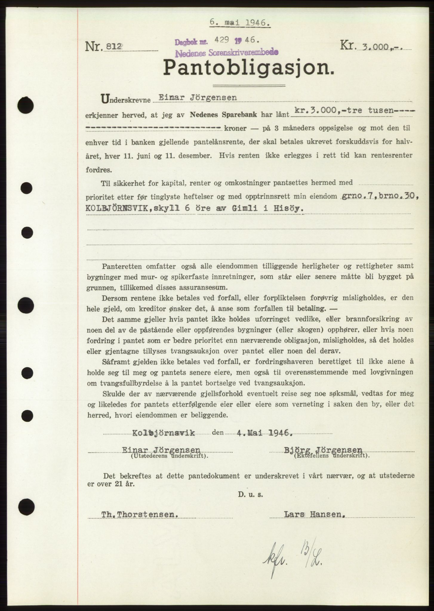 Nedenes sorenskriveri, SAK/1221-0006/G/Gb/Gbb/L0003: Mortgage book no. B3b, 1946-1946, Diary no: : 429/1946