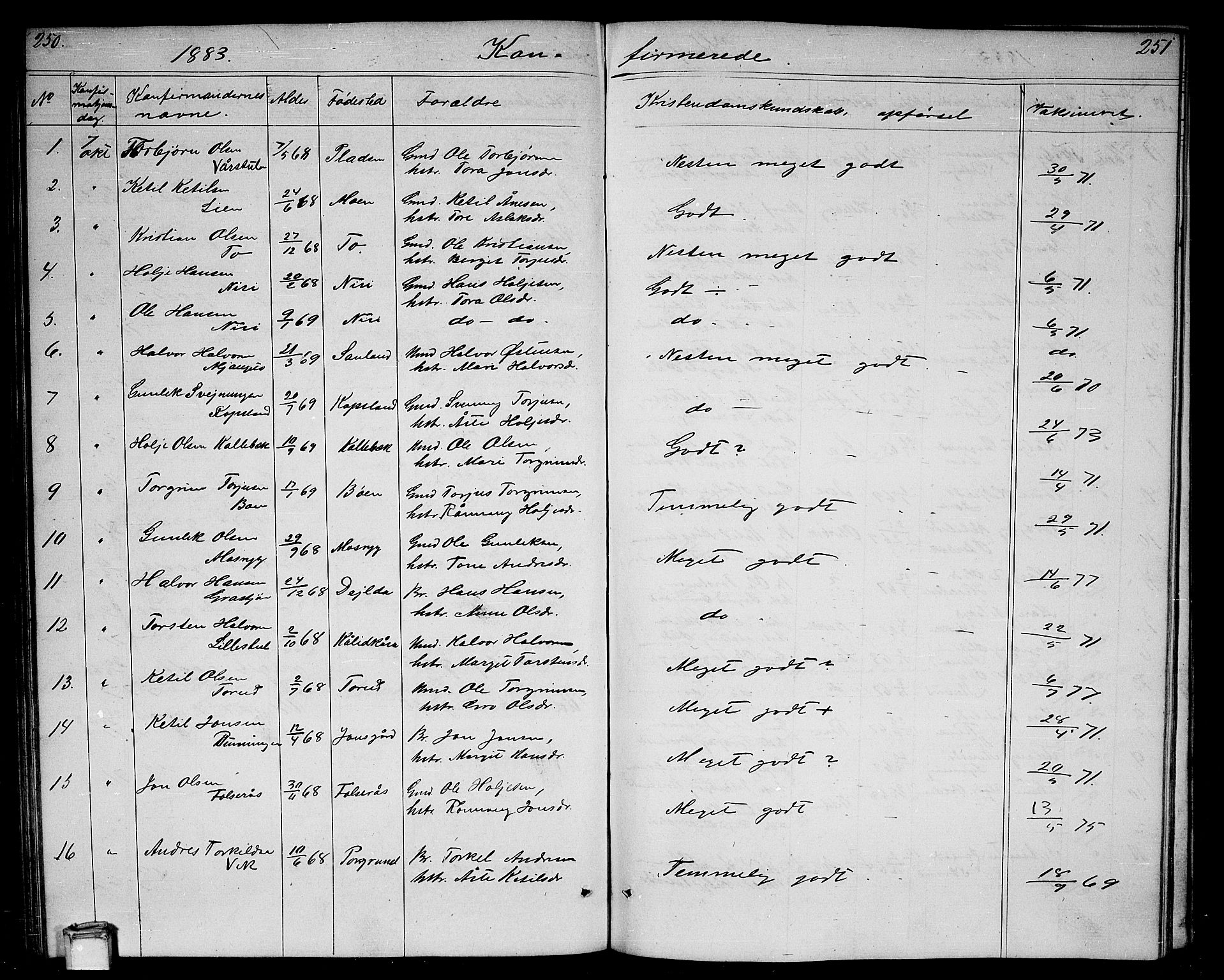 Gransherad kirkebøker, SAKO/A-267/G/Ga/L0002: Parish register (copy) no. I 2, 1854-1886, p. 250-251