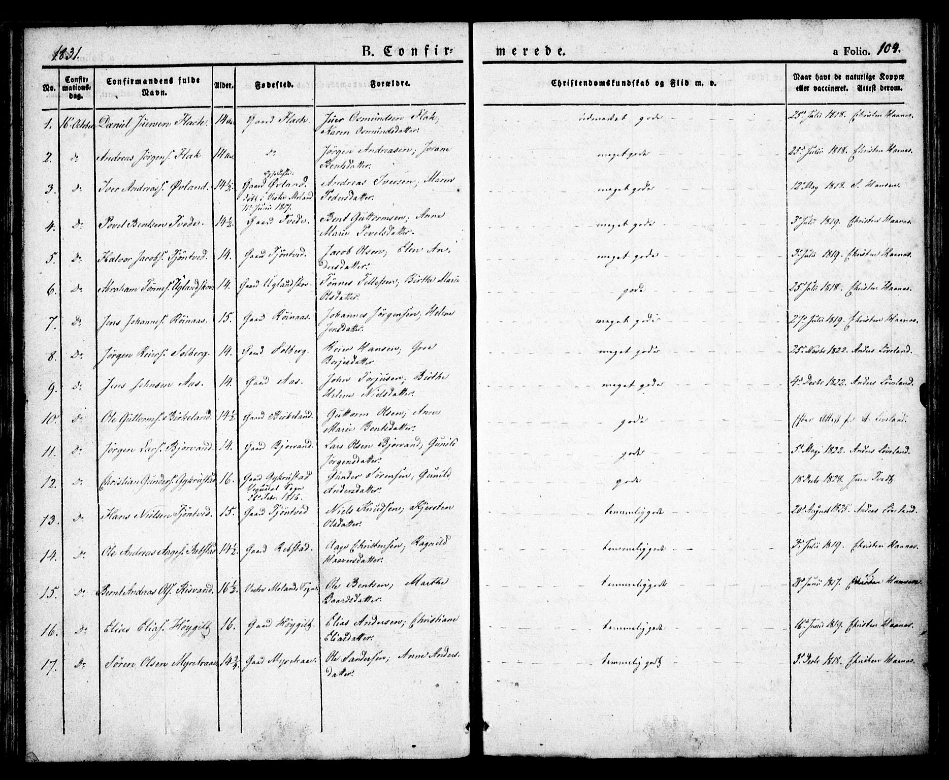 Birkenes sokneprestkontor, AV/SAK-1111-0004/F/Fa/L0001: Parish register (official) no. A 1, 1829-1849, p. 104