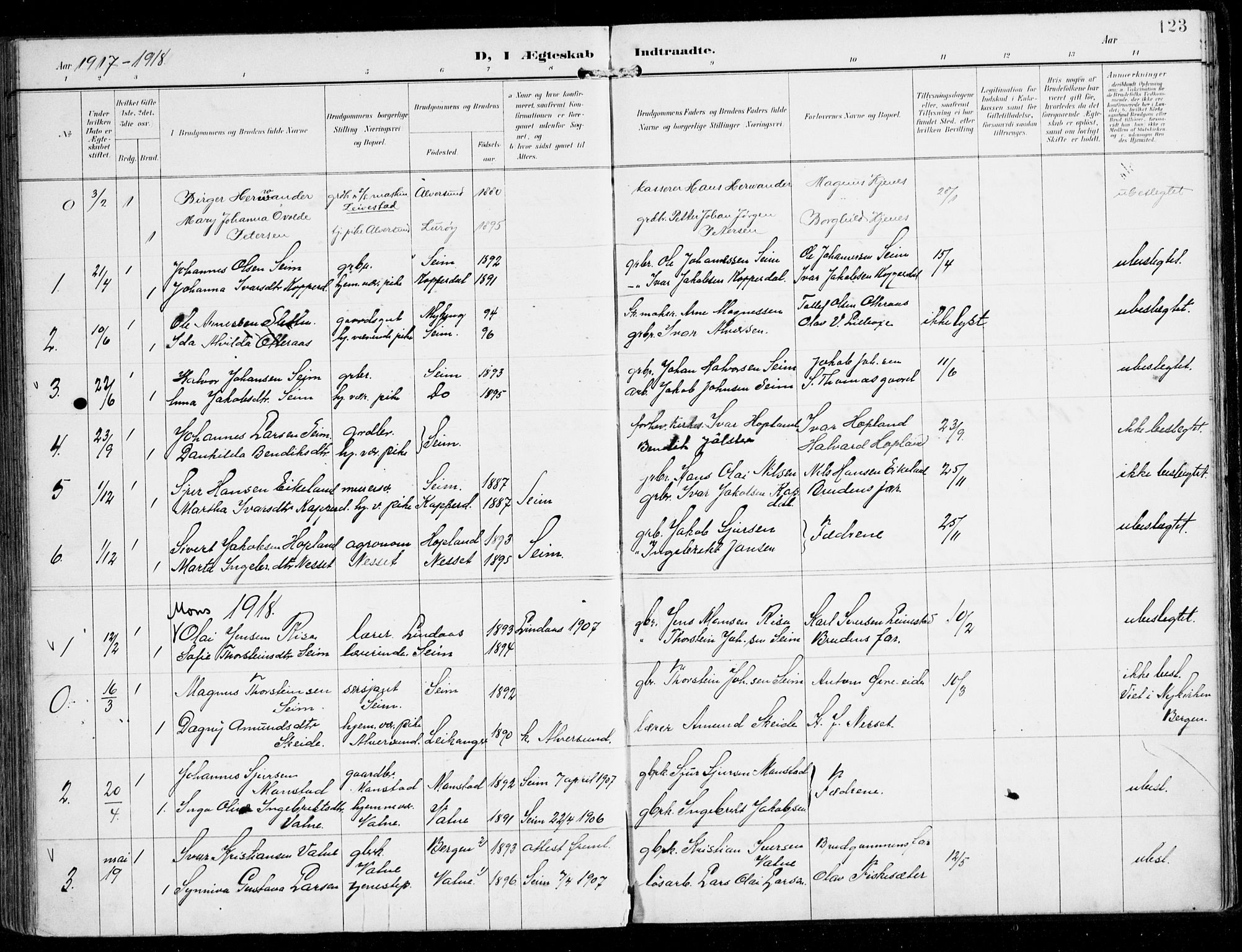 Alversund Sokneprestembete, SAB/A-73901/H/Ha/Haa/Haad/L0004: Parish register (official) no. D 4, 1898-1926, p. 123