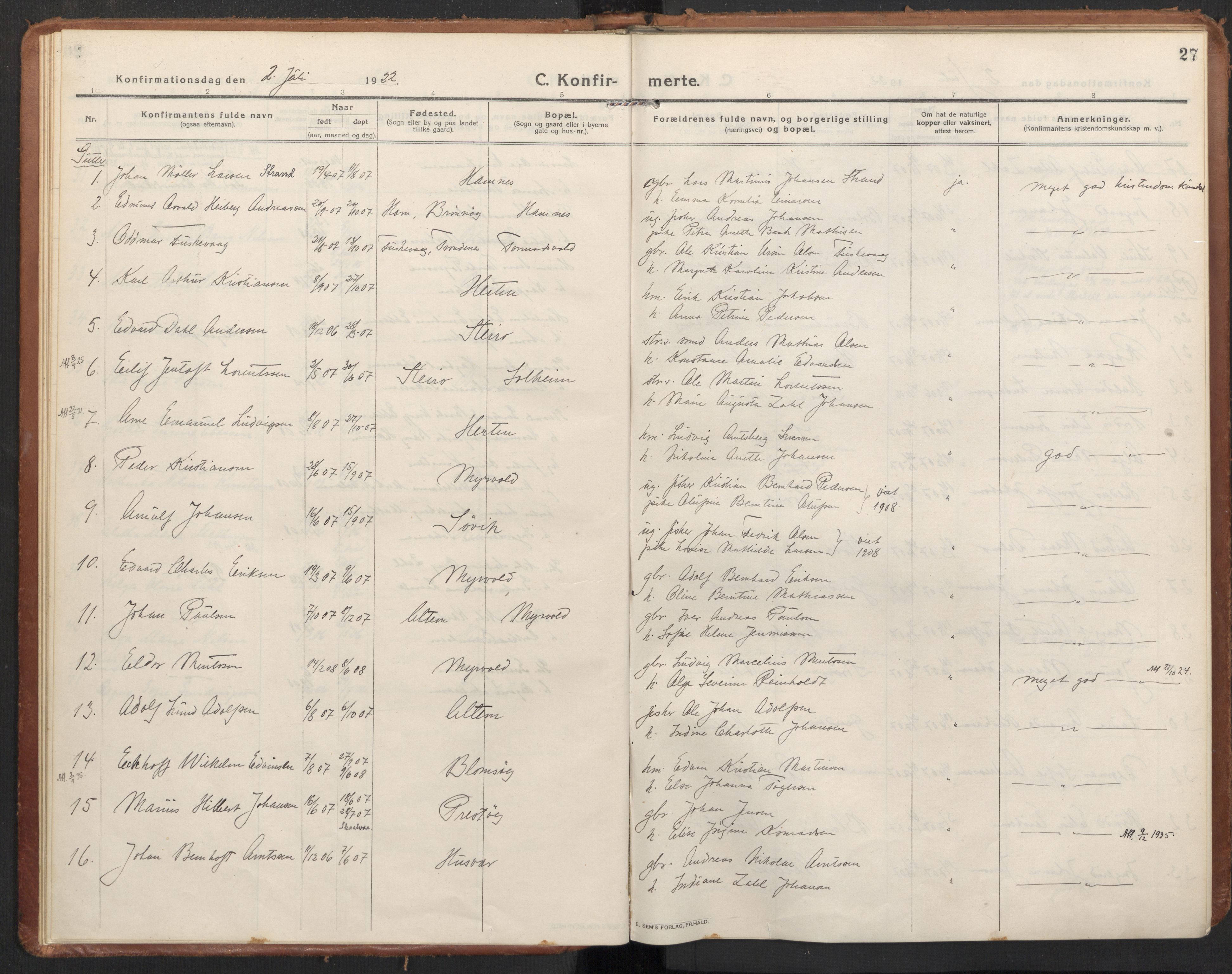 Ministerialprotokoller, klokkerbøker og fødselsregistre - Nordland, AV/SAT-A-1459/830/L0456: Parish register (official) no. 830A20, 1914-1937, p. 27