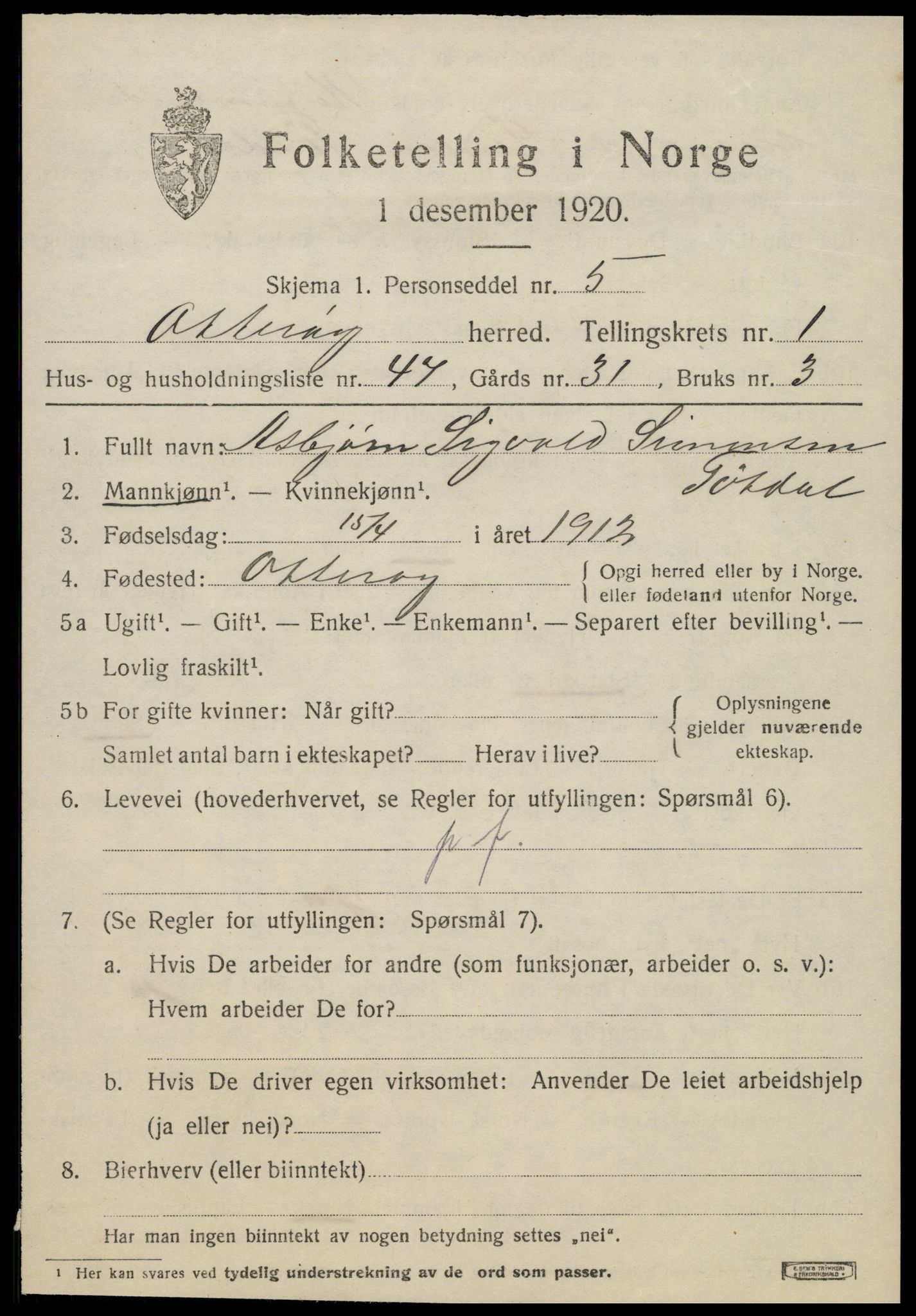 SAT, 1920 census for Otterøy, 1920, p. 1115