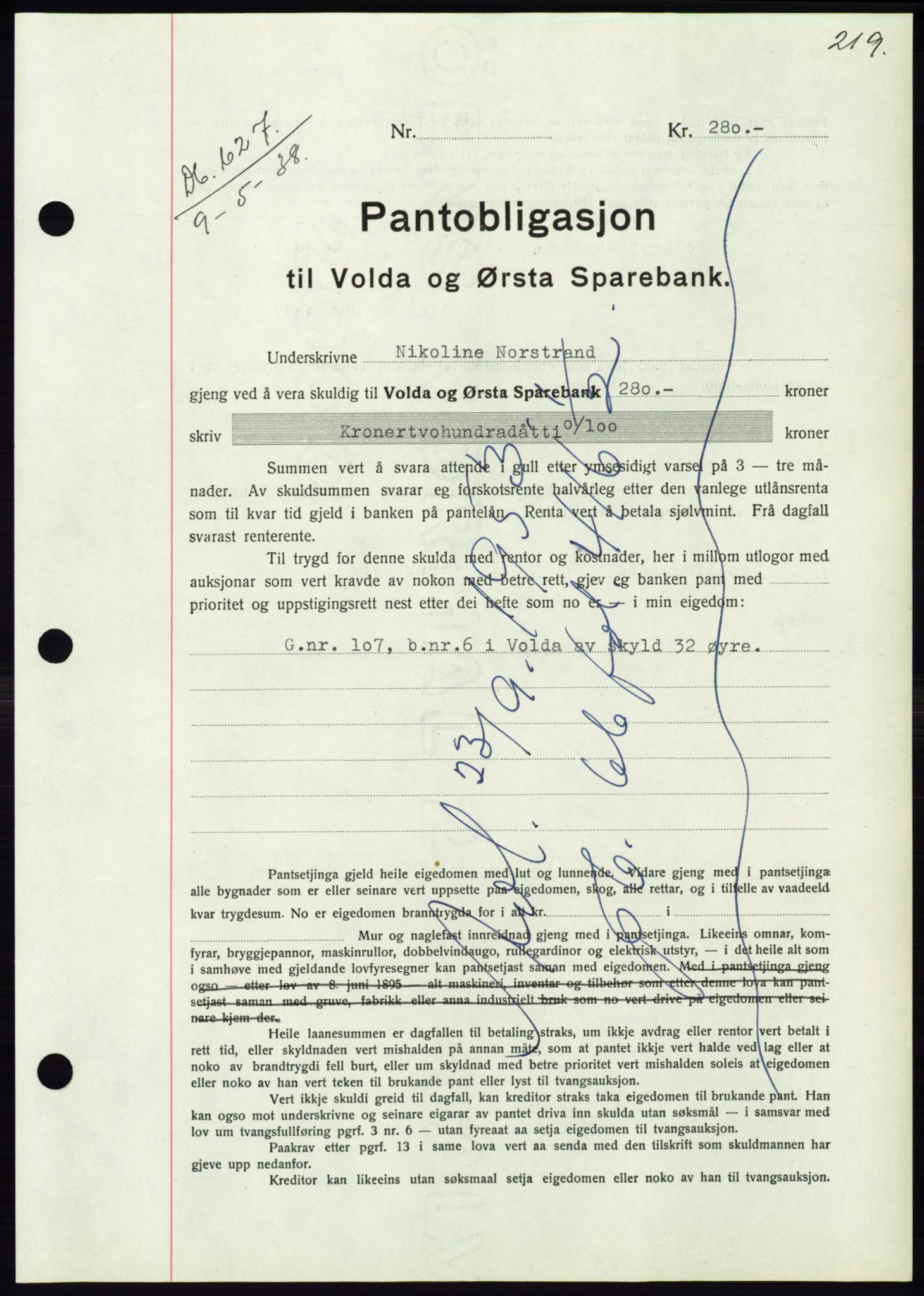 Søre Sunnmøre sorenskriveri, AV/SAT-A-4122/1/2/2C/L0065: Mortgage book no. 59, 1938-1938, Diary no: : 627/1938