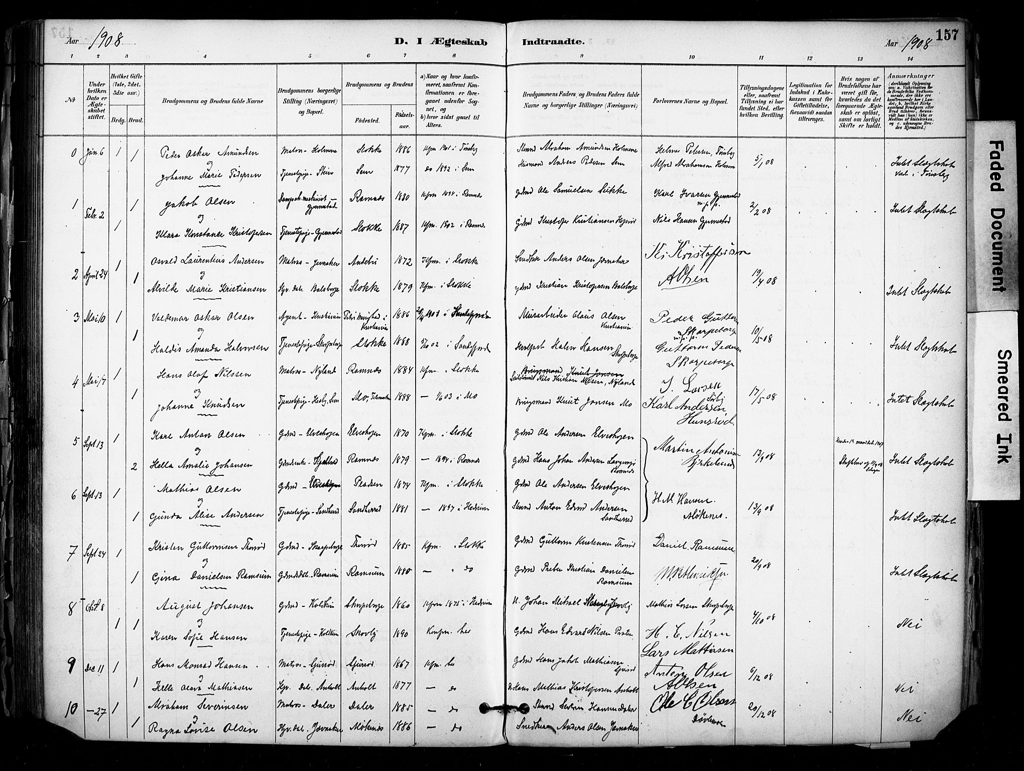 Stokke kirkebøker, SAKO/A-320/F/Fb/L0001: Parish register (official) no. II 1, 1884-1910, p. 157