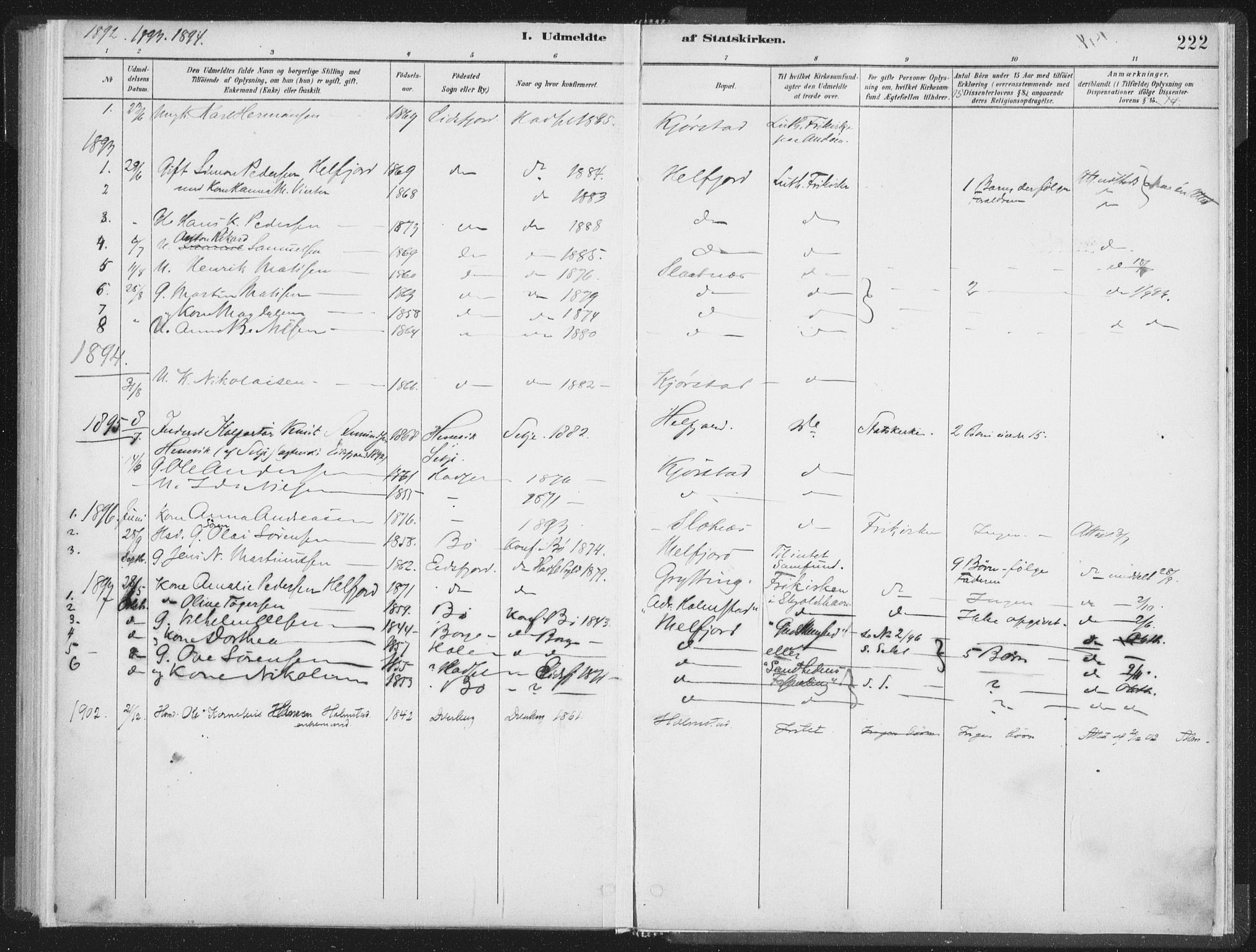 Ministerialprotokoller, klokkerbøker og fødselsregistre - Nordland, SAT/A-1459/890/L1286: Parish register (official) no. 890A01, 1882-1902, p. 222