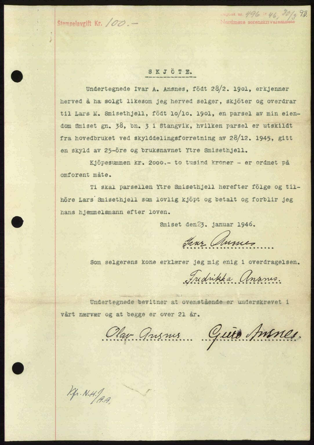 Nordmøre sorenskriveri, AV/SAT-A-4132/1/2/2Ca: Mortgage book no. A101, 1946-1946, Diary no: : 496/1946