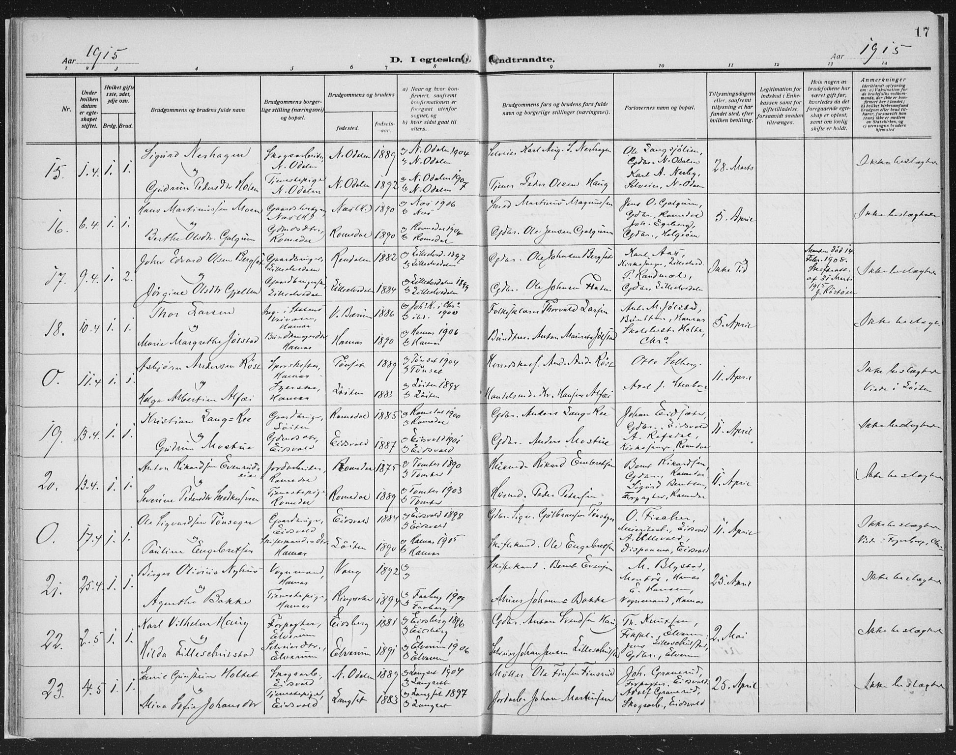 Hamar prestekontor, AV/SAH-DOMPH-002/H/Ha/Haa/L0003: Parish register (official) no. 3, 1913-1930, p. 17