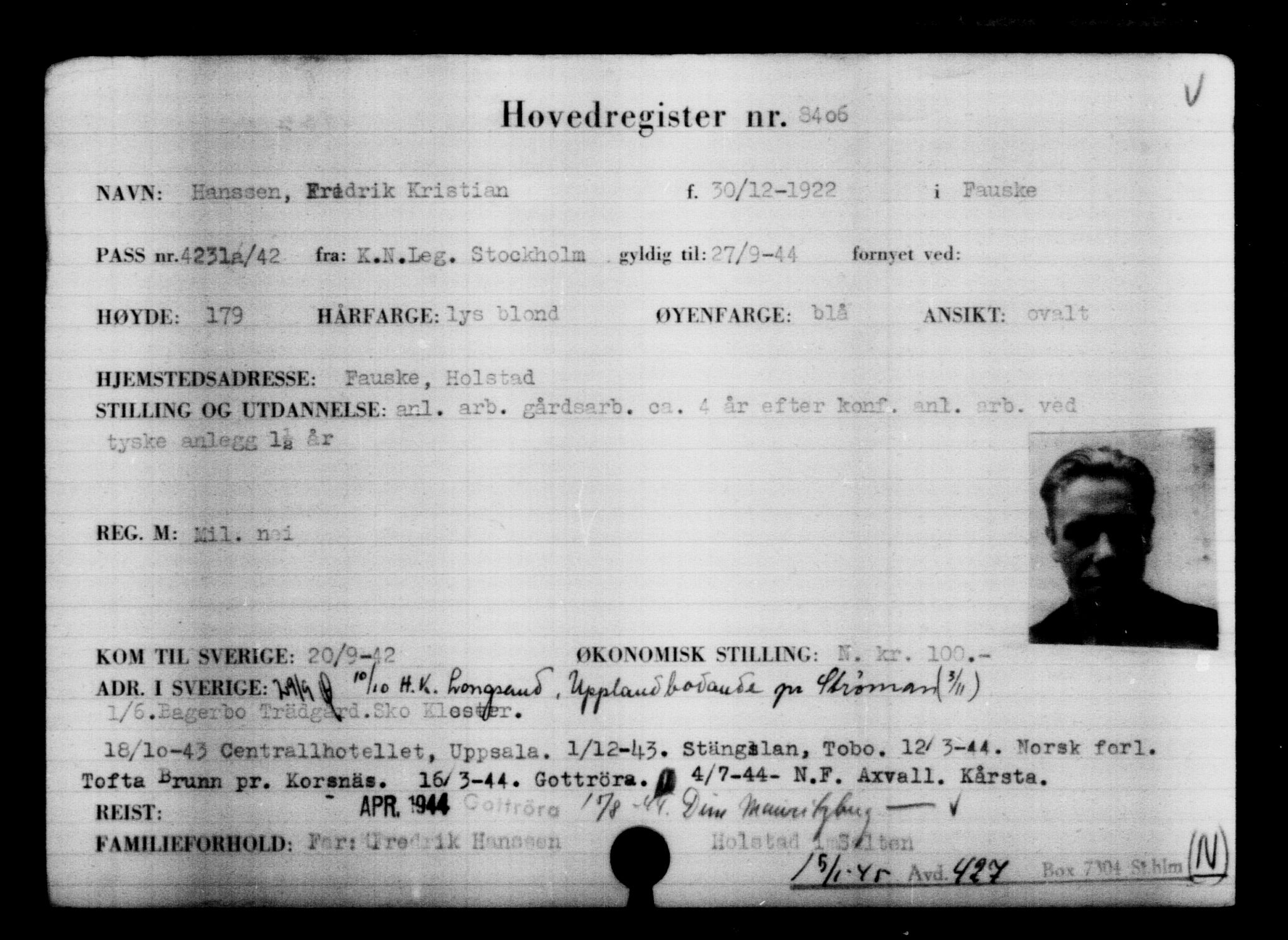 Utenriksstasjonene, Legasjonen i Stockholm, Flyktningkontoret, AV/RA-S-6753/V/Va/L0005: Kjesäterkartoteket, flyktninger med registreringsnr. 6600-9417, 1940-1945, p. 2102