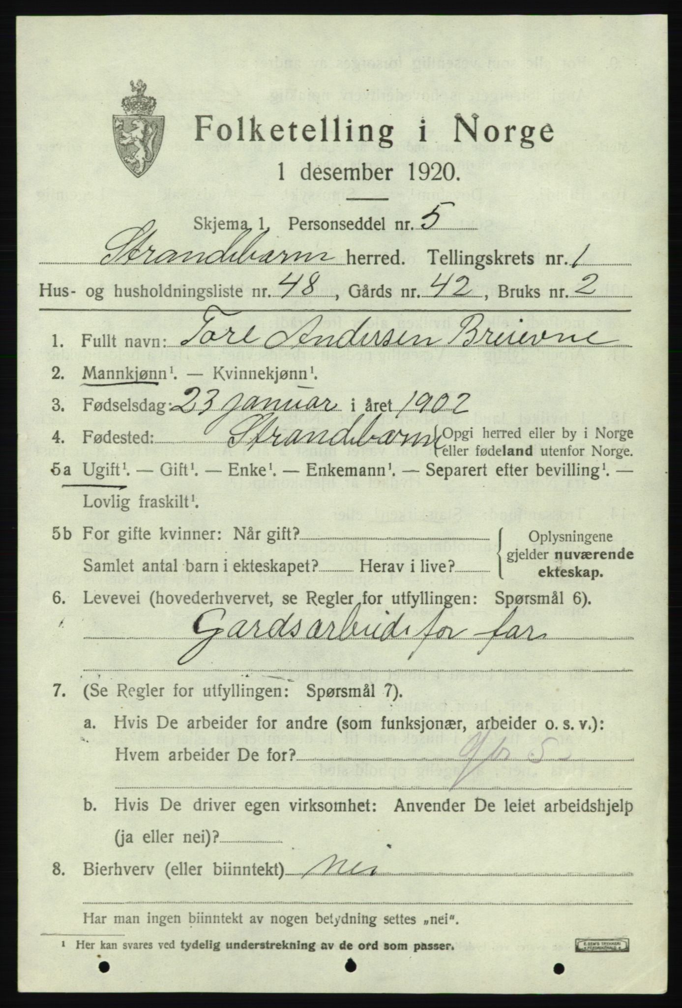 SAB, 1920 census for Strandebarm, 1920, p. 1854