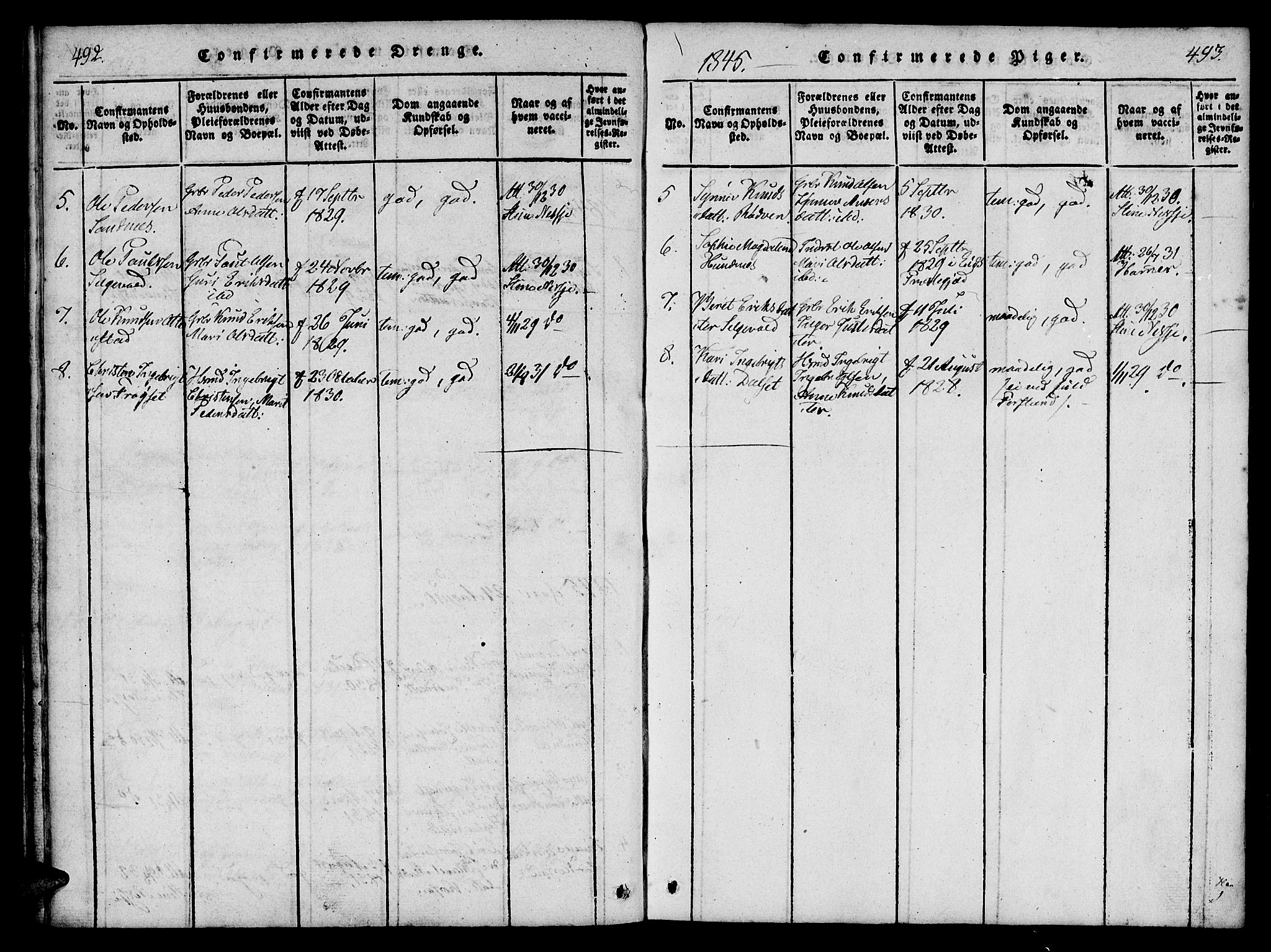 Ministerialprotokoller, klokkerbøker og fødselsregistre - Møre og Romsdal, AV/SAT-A-1454/548/L0612: Parish register (official) no. 548A01, 1818-1846, p. 492-493