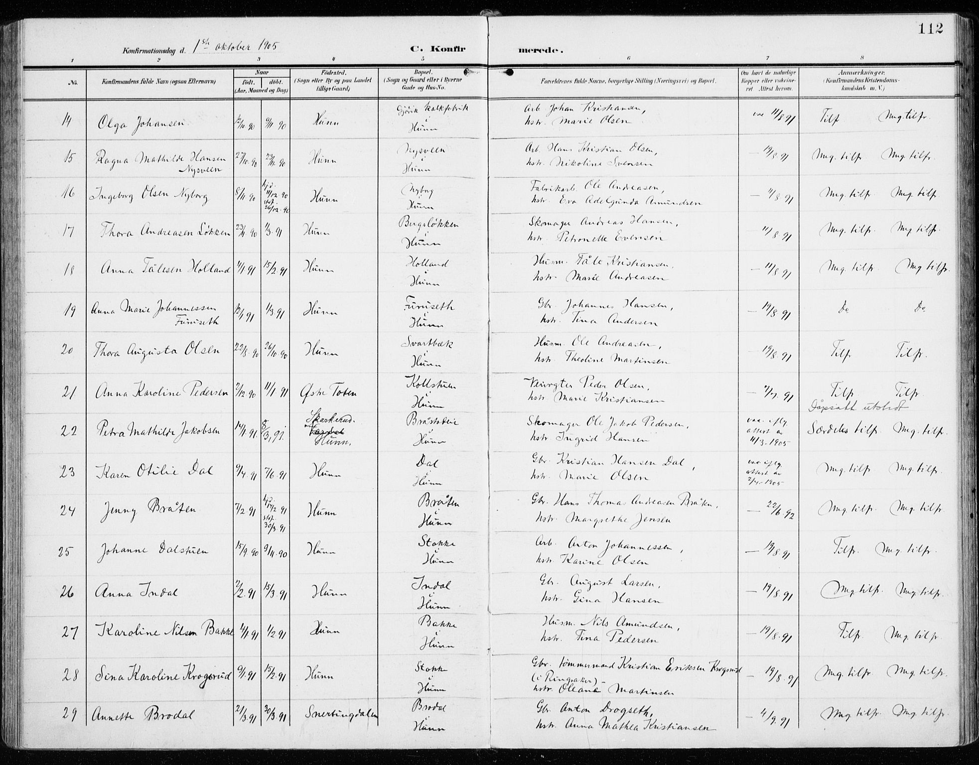 Vardal prestekontor, AV/SAH-PREST-100/H/Ha/Haa/L0016: Parish register (official) no. 16, 1904-1916, p. 112