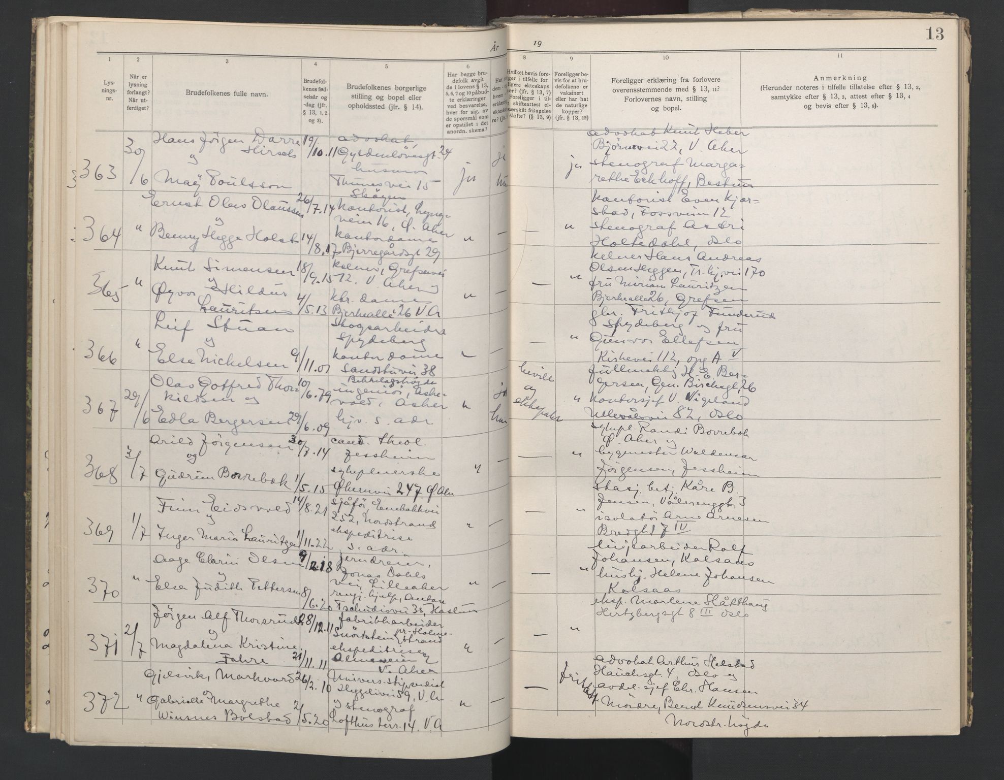 Aker sorenskriveri, AV/SAO-A-10895/L/Lb/L0002: Lysningsbok, 1942-1943, p. 13