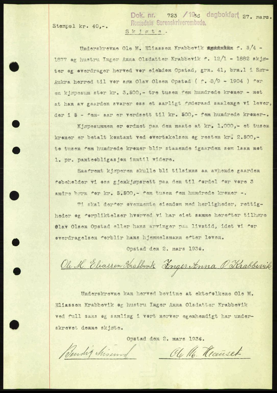 Romsdal sorenskriveri, AV/SAT-A-4149/1/2/2C: Mortgage book no. A1, 1936-1936, Diary no: : 723/1936