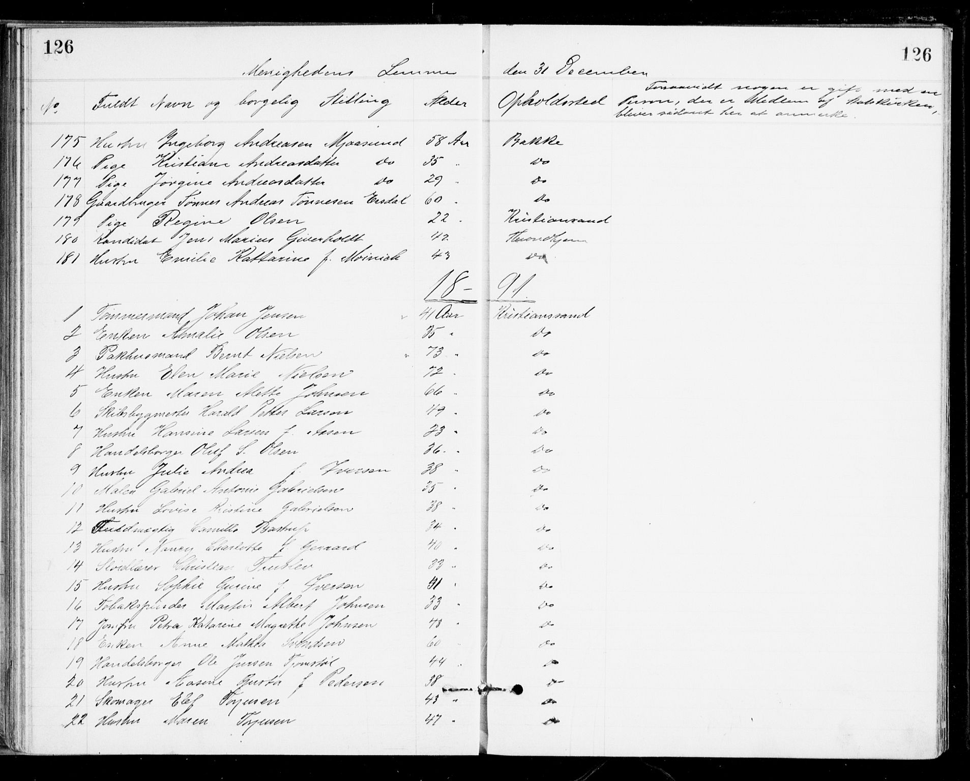 Den evangelisk-lutherske frikirke, Kristiansand, SAK/1292-0017/F/Fa/L0002: Dissenter register no. F 10, 1889-1892, p. 126