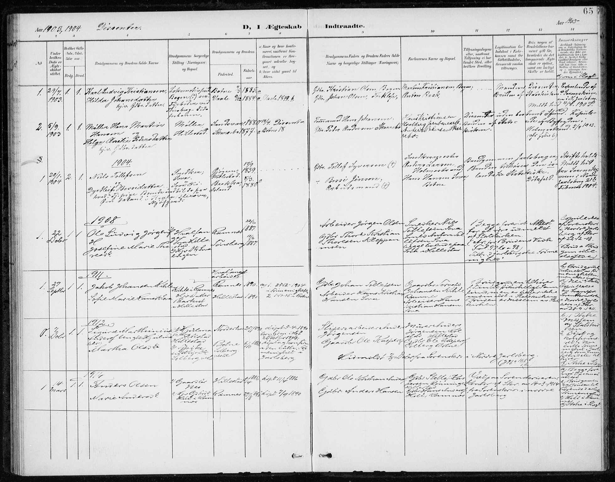 Botne kirkebøker, SAKO/A-340/F/Fb/L0002: Parish register (official) no. II 2, 1902-1915, p. 65