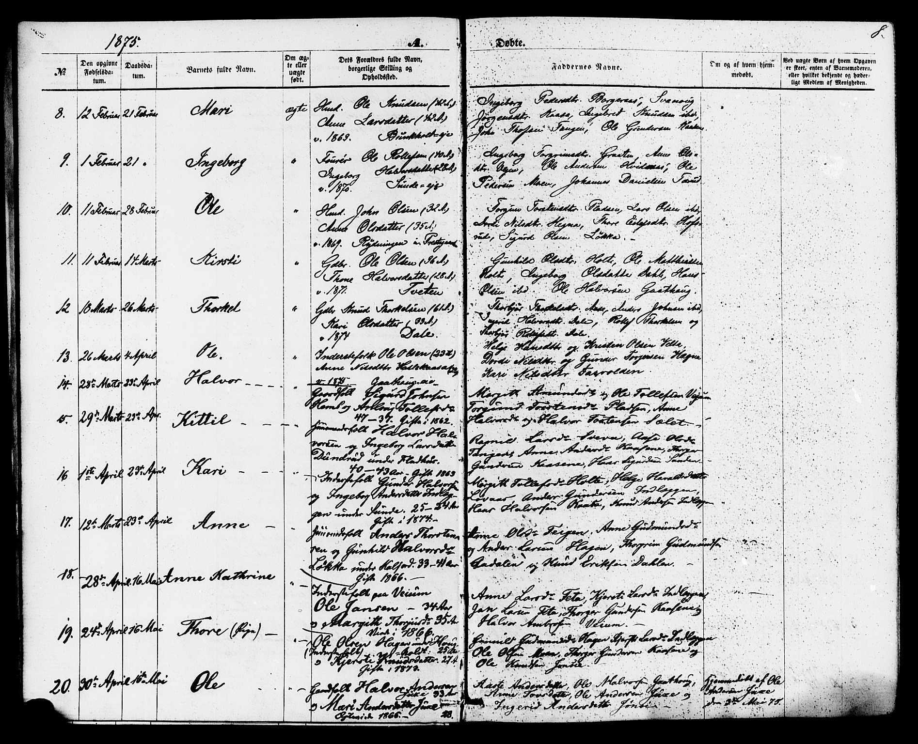 Sauherad kirkebøker, SAKO/A-298/F/Fa/L0008: Parish register (official) no. I 8, 1873-1886, p. 8