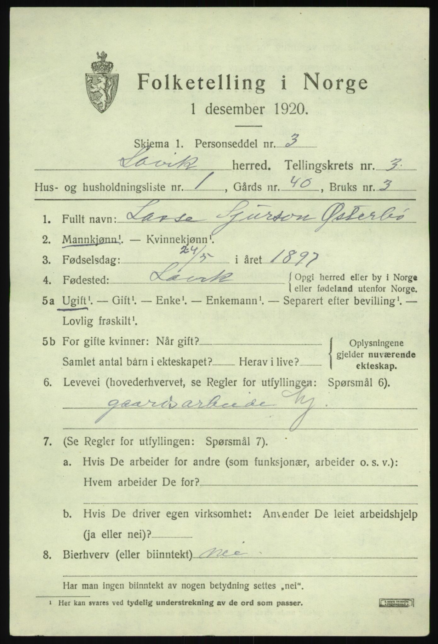 SAB, 1920 census for Lavik, 1920, p. 592