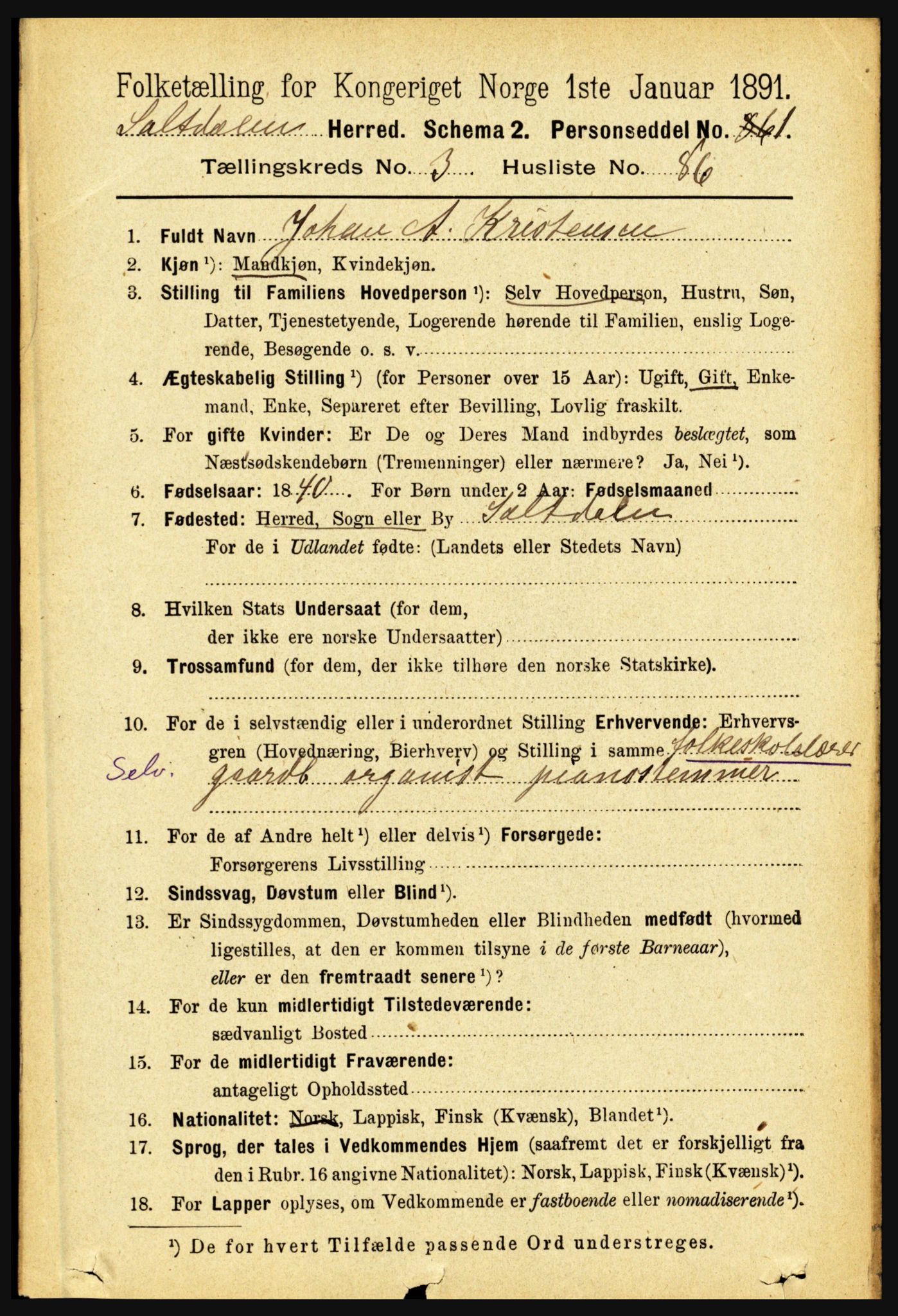 RA, 1891 census for 1840 Saltdal, 1891, p. 2255