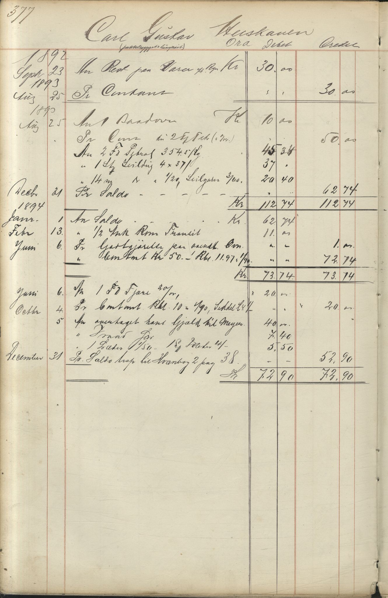 Brodtkorb handel A/S, VAMU/A-0001/F/Fc/L0001/0001: Konto for kvener og nordmenn på Kolahalvøya  / Conto for Kvæner og Nordmænd paa Russefinmarken No 1, 1868-1894, p. 377