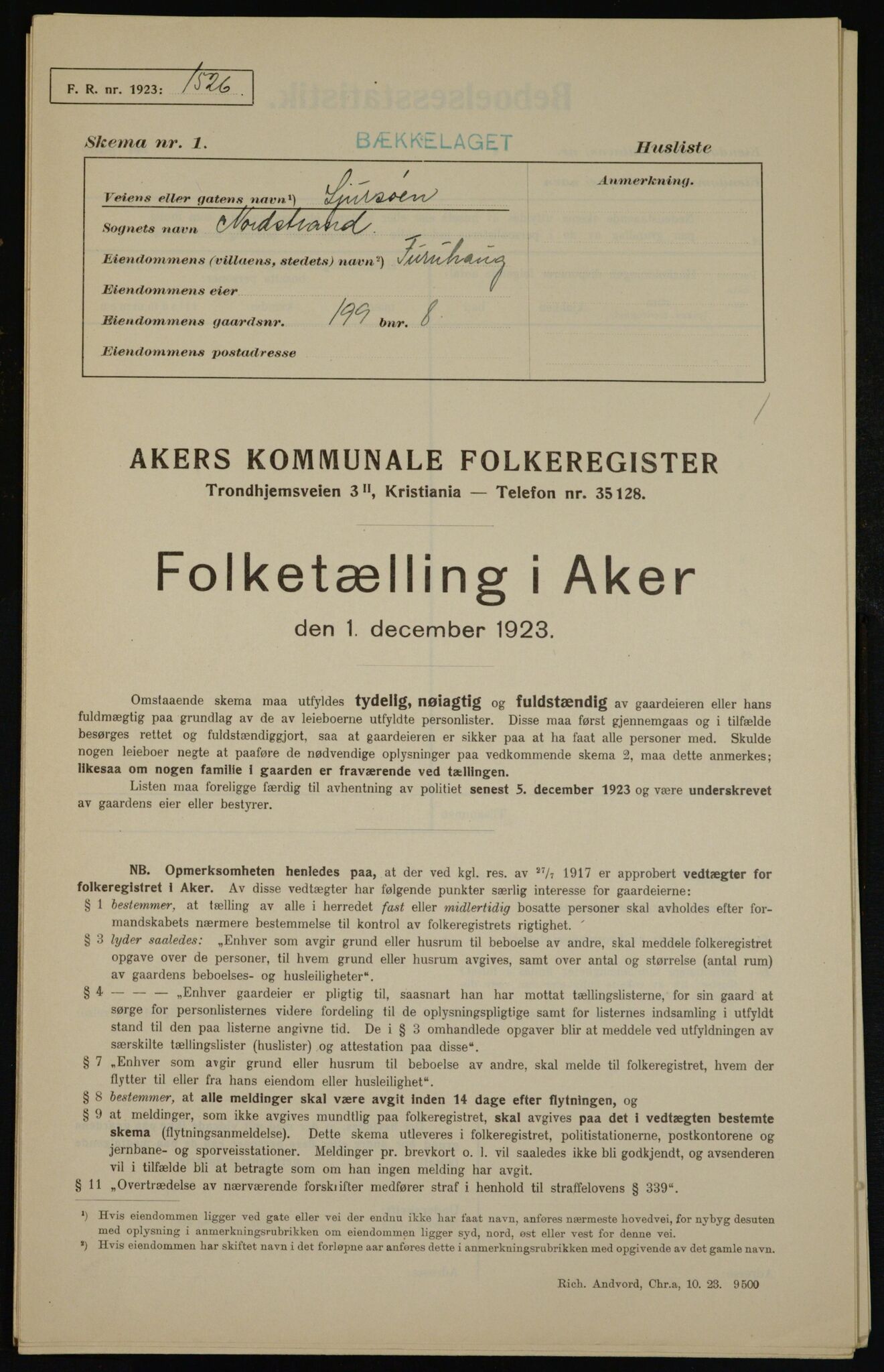 , Municipal Census 1923 for Aker, 1923, p. 45323