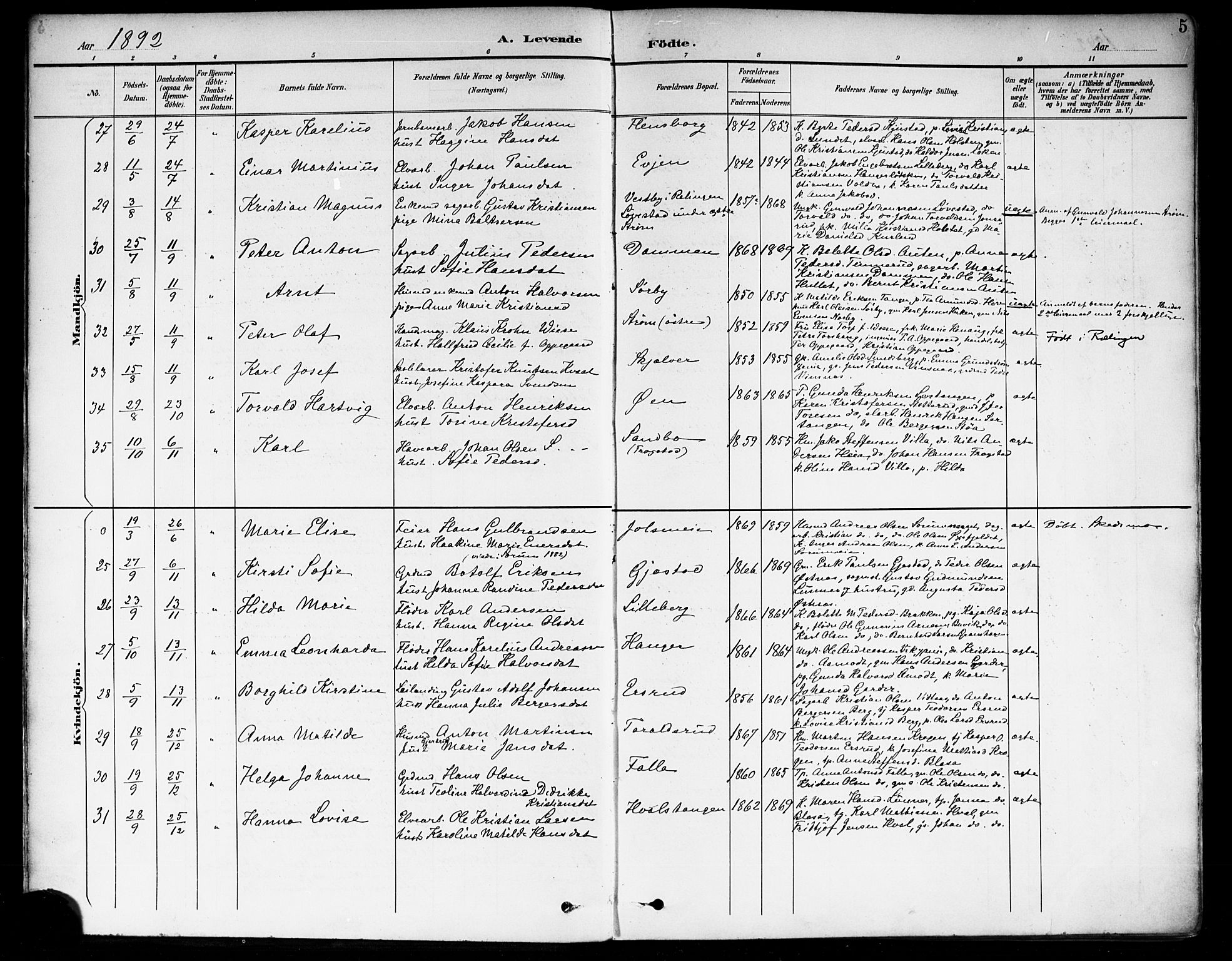 Fet prestekontor Kirkebøker, SAO/A-10370a/F/Fa/L0015: Parish register (official) no. I 15, 1892-1904, p. 5