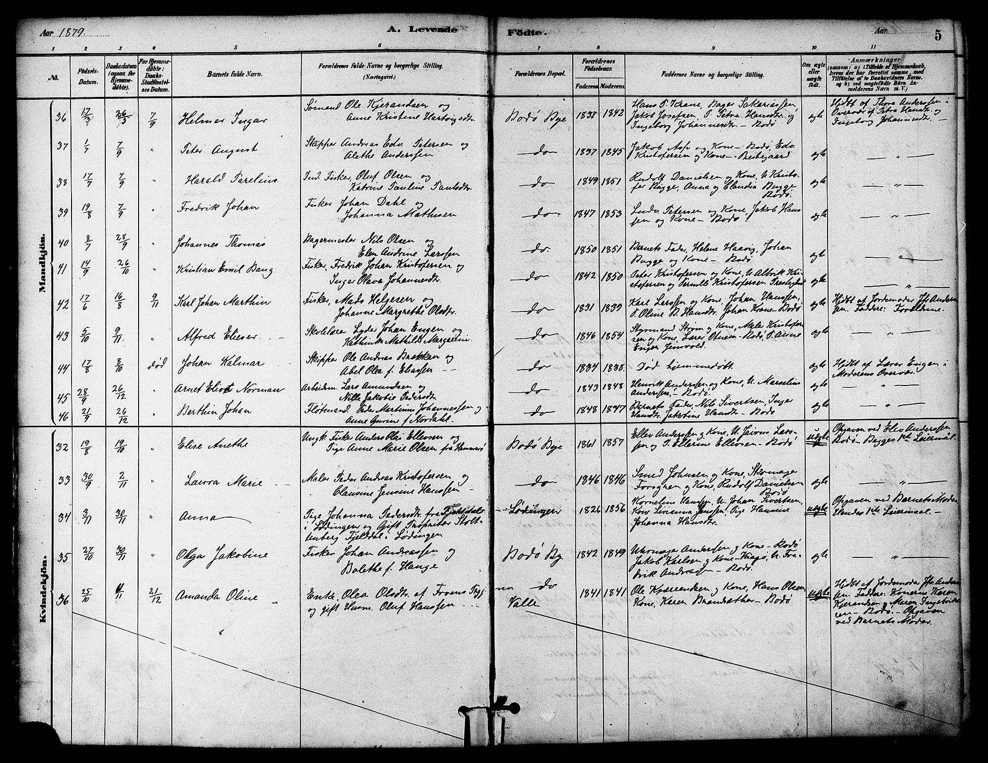 Ministerialprotokoller, klokkerbøker og fødselsregistre - Nordland, AV/SAT-A-1459/801/L0030: Parish register (copy) no. 801C05, 1879-1887, p. 5