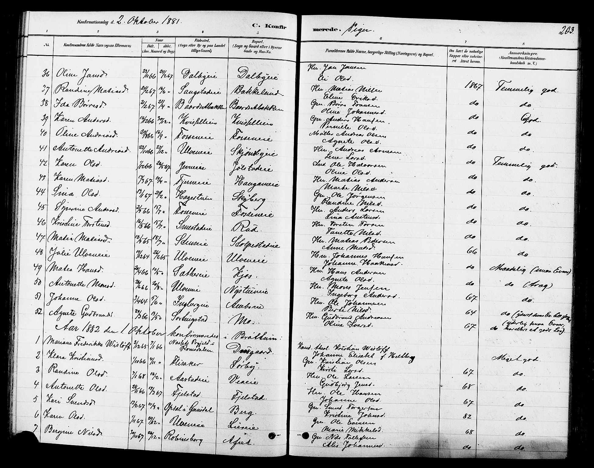 Ringsaker prestekontor, SAH/PREST-014/L/La/L0009: Parish register (copy) no. 9, 1879-1890, p. 203