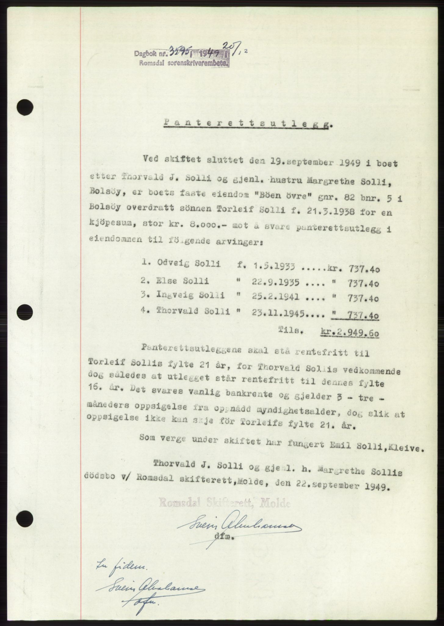 Romsdal sorenskriveri, AV/SAT-A-4149/1/2/2C: Mortgage book no. B5, 1949-1950, Diary no: : 3595/1949