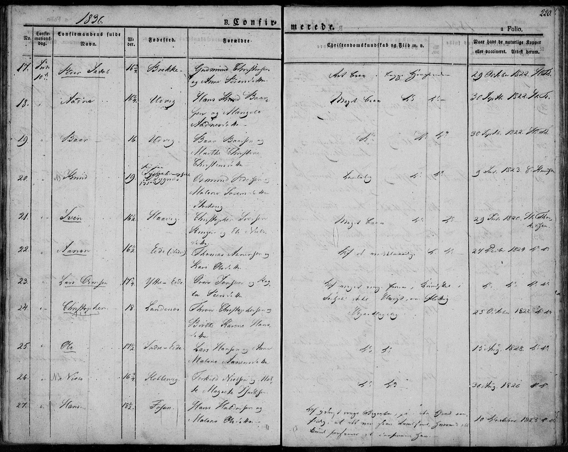 Avaldsnes sokneprestkontor, SAST/A -101851/H/Ha/Haa/L0005: Parish register (official) no. A 5.1, 1825-1841, p. 220