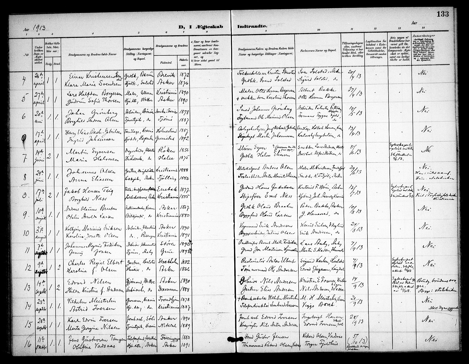 Asker prestekontor Kirkebøker, SAO/A-10256a/F/Fa/L0016: Parish register (official) no. I 16, 1900-1917, p. 133