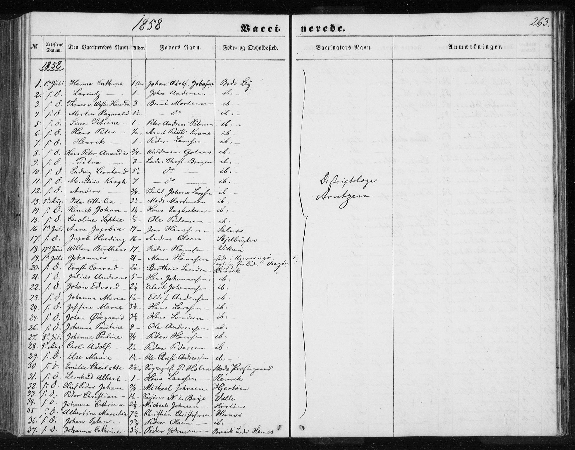 Ministerialprotokoller, klokkerbøker og fødselsregistre - Nordland, SAT/A-1459/801/L0028: Parish register (copy) no. 801C03, 1855-1867, p. 263