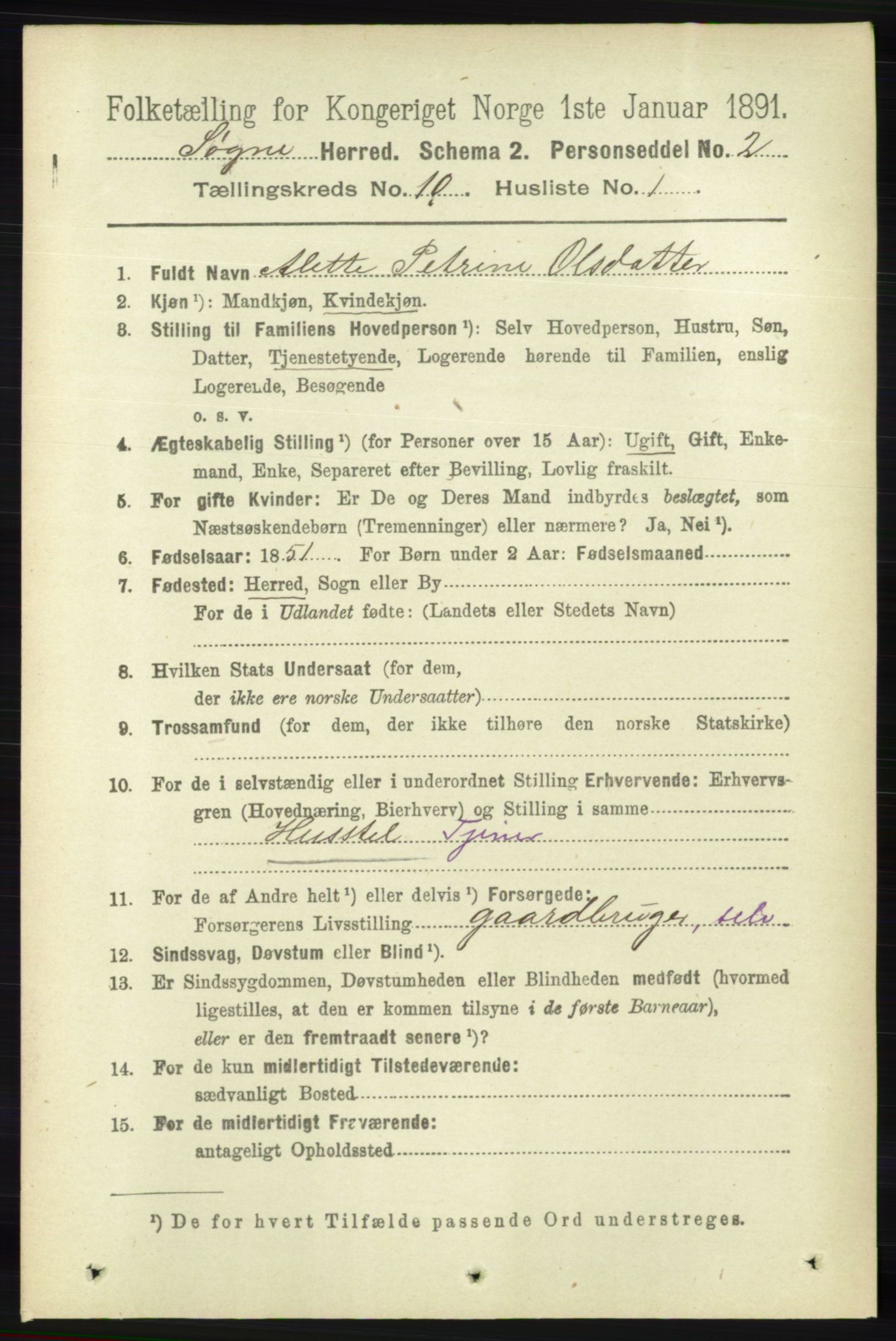 RA, 1891 census for 1018 Søgne, 1891, p. 2711