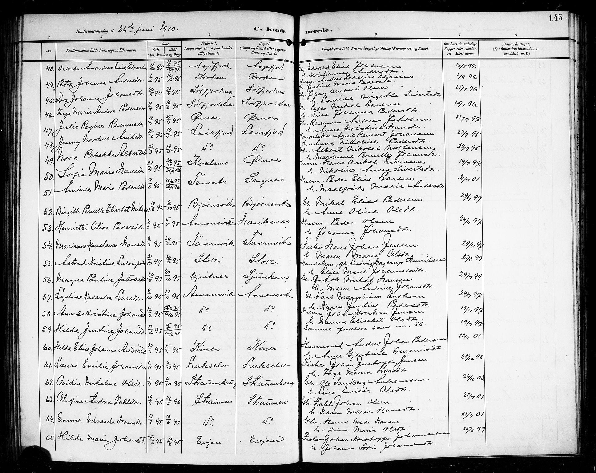 Ministerialprotokoller, klokkerbøker og fødselsregistre - Nordland, AV/SAT-A-1459/854/L0786: Parish register (copy) no. 854C02, 1901-1912, p. 145