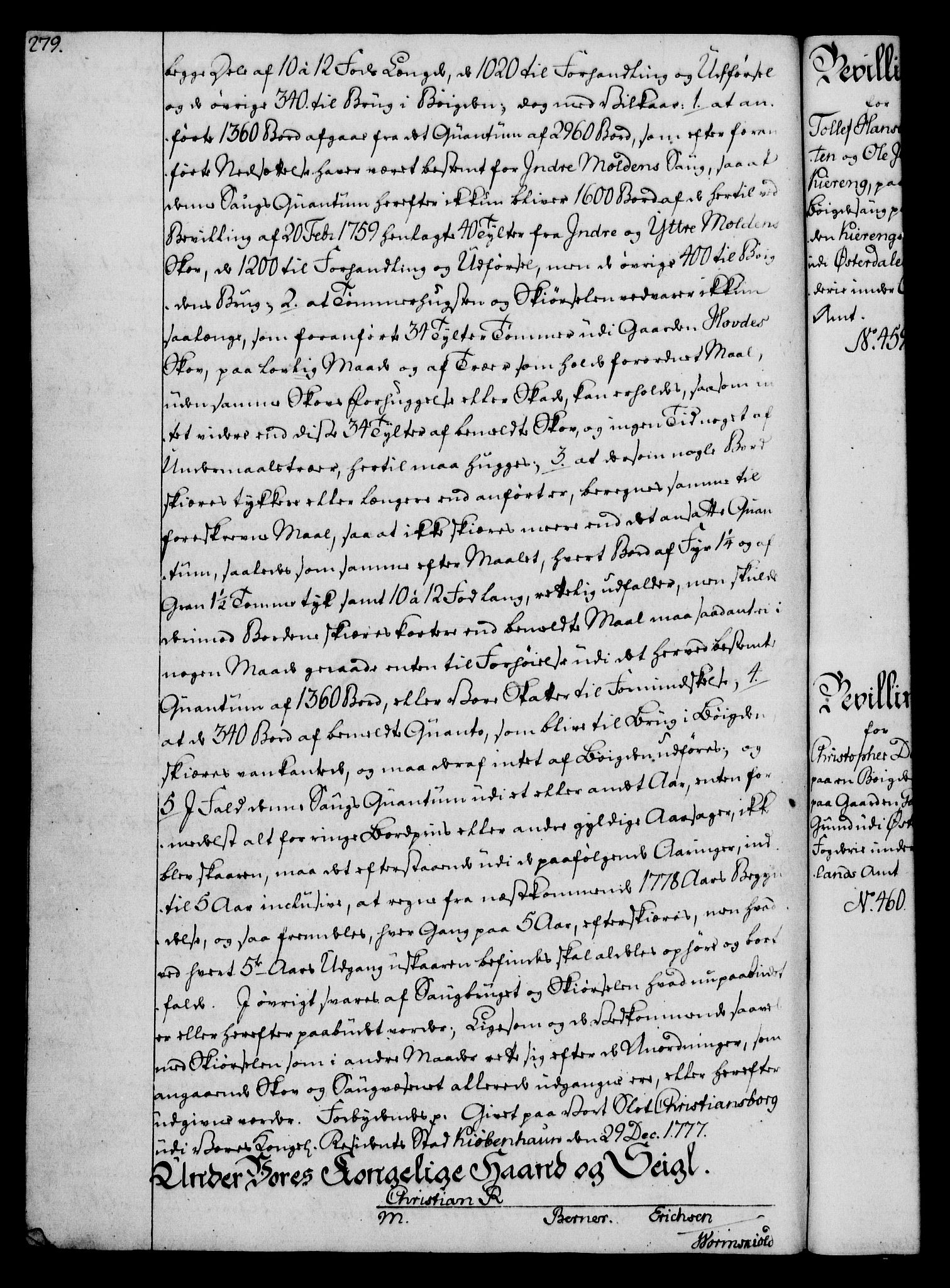 Rentekammeret, Kammerkanselliet, RA/EA-3111/G/Gg/Gga/L0010: Norsk ekspedisjonsprotokoll med register (merket RK 53.10), 1773-1778, p. 279