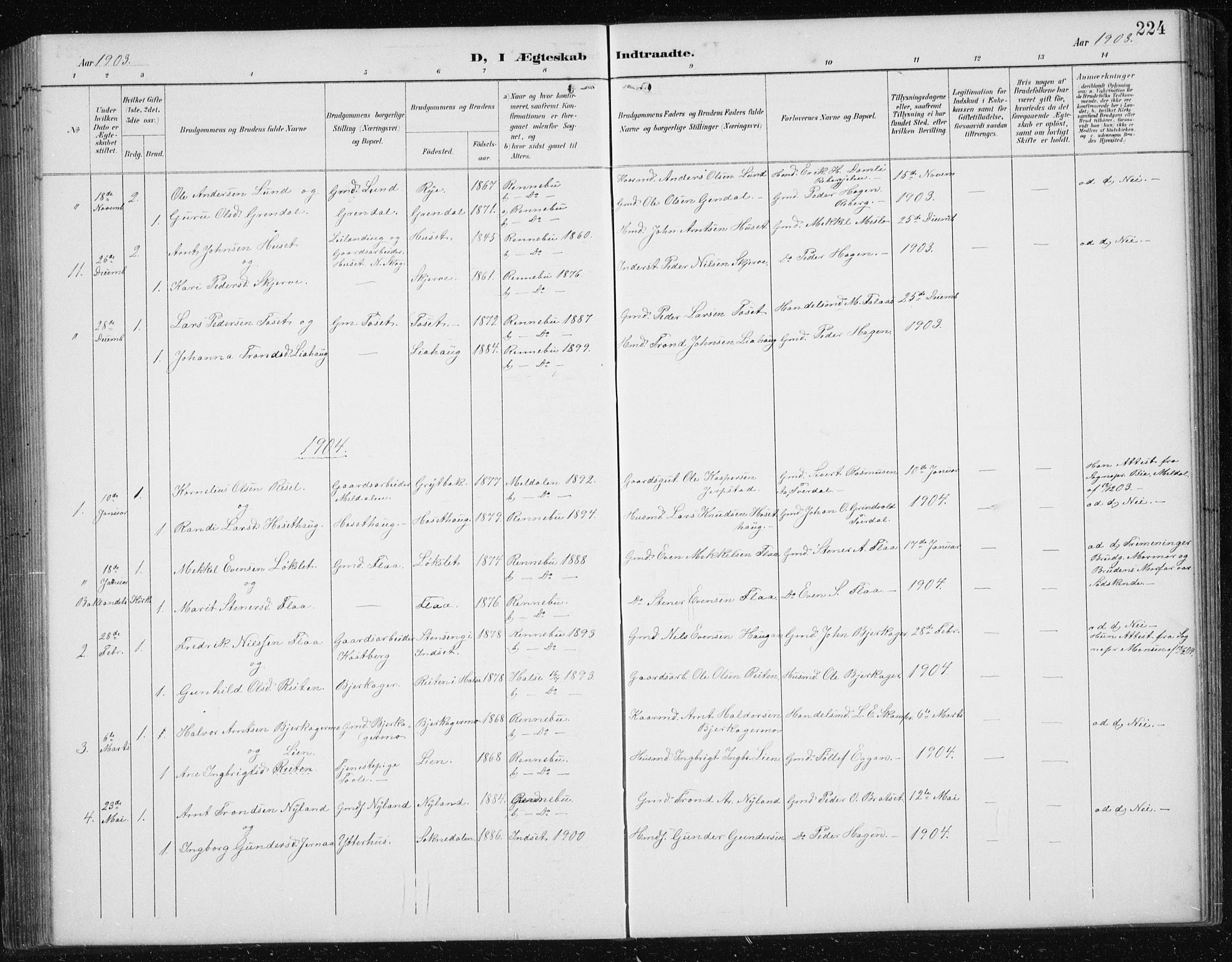 Ministerialprotokoller, klokkerbøker og fødselsregistre - Sør-Trøndelag, SAT/A-1456/674/L0876: Parish register (copy) no. 674C03, 1892-1912, p. 224