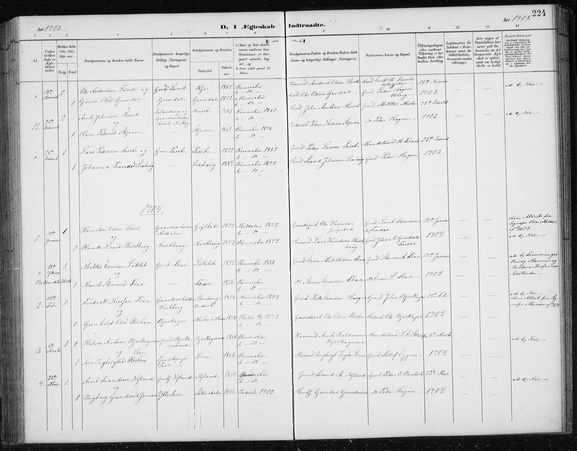 Ministerialprotokoller, klokkerbøker og fødselsregistre - Sør-Trøndelag, AV/SAT-A-1456/674/L0876: Parish register (copy) no. 674C03, 1892-1912, p. 224