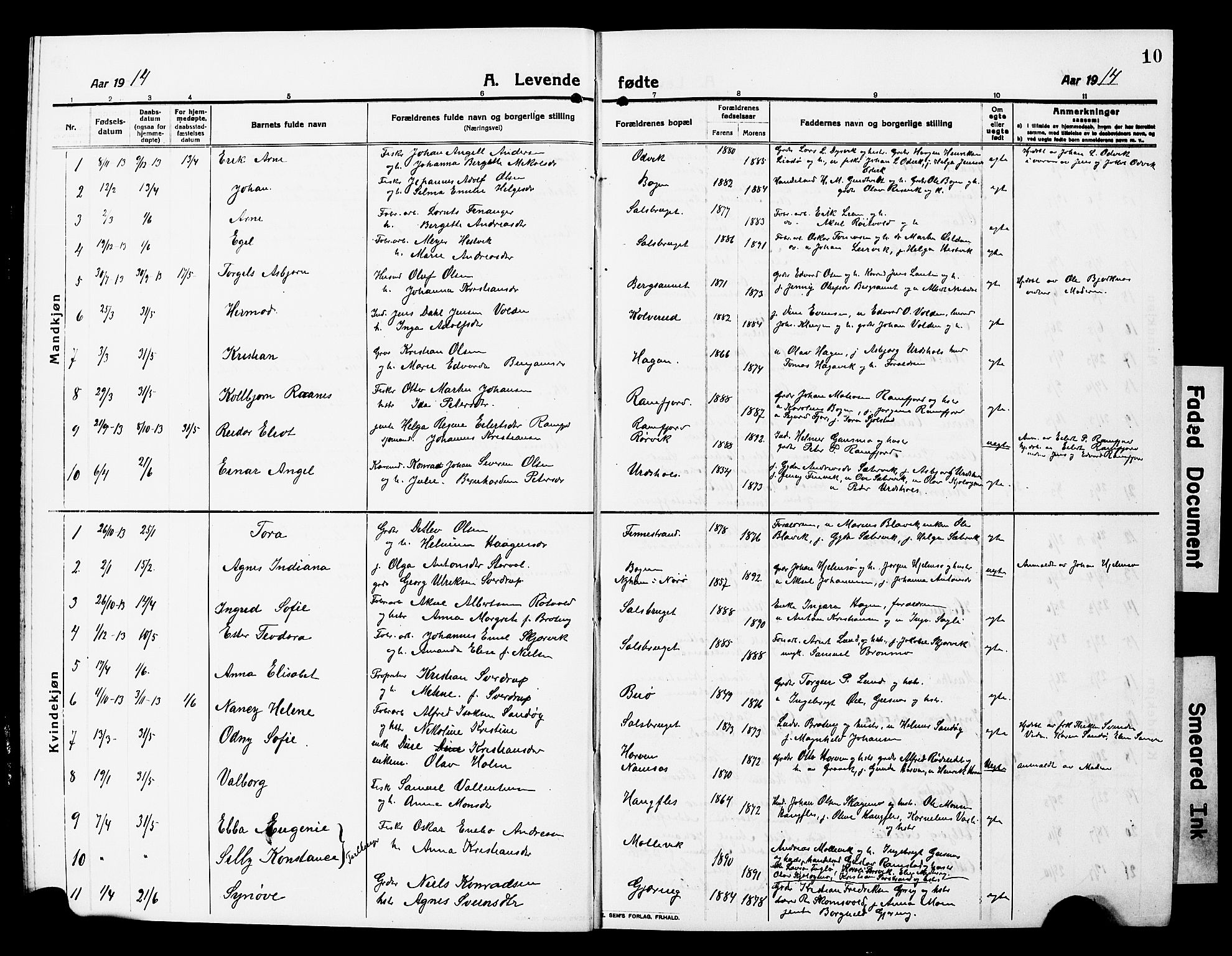 Ministerialprotokoller, klokkerbøker og fødselsregistre - Nord-Trøndelag, AV/SAT-A-1458/780/L0653: Parish register (copy) no. 780C05, 1911-1927, p. 10