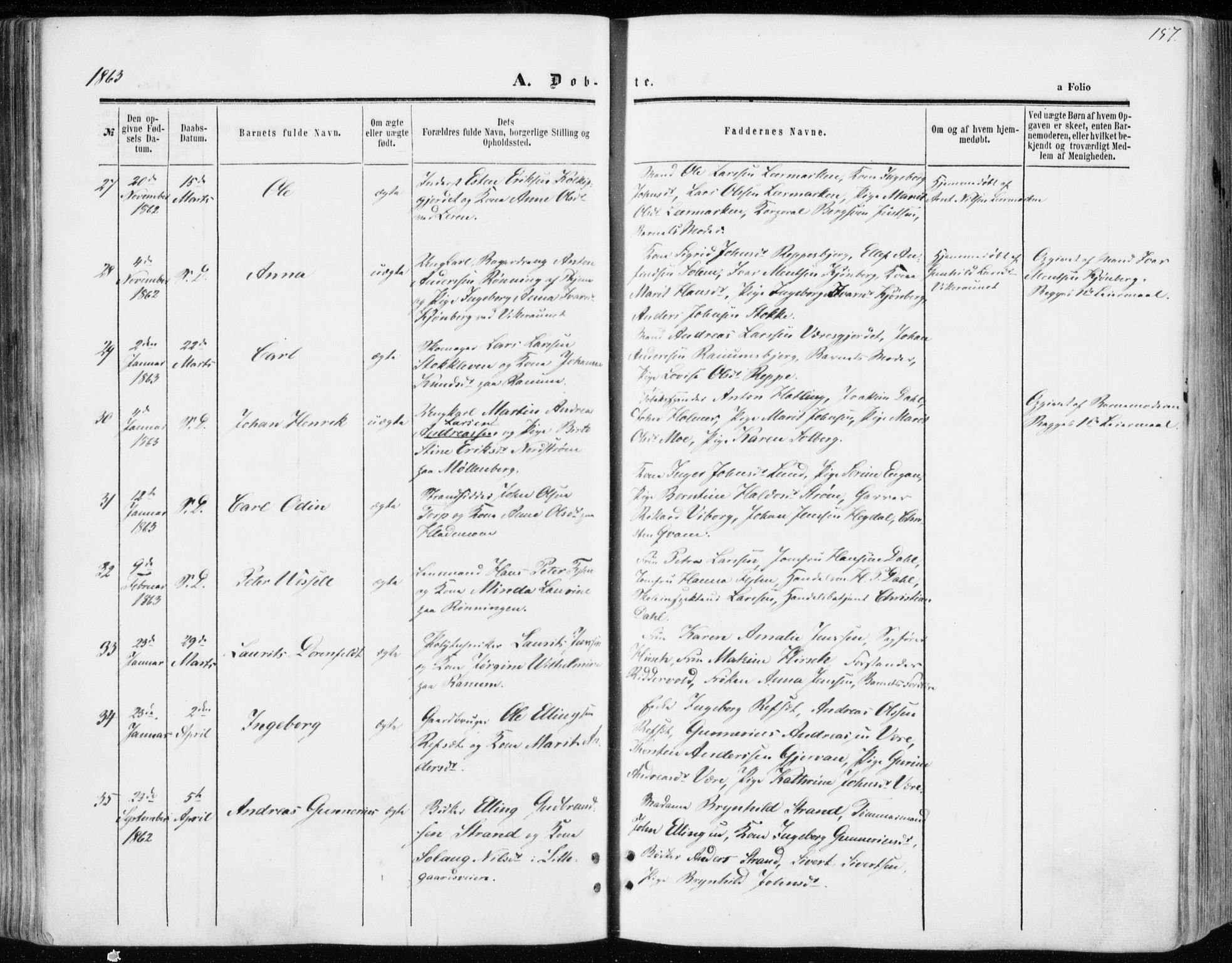 Ministerialprotokoller, klokkerbøker og fødselsregistre - Sør-Trøndelag, AV/SAT-A-1456/606/L0292: Parish register (official) no. 606A07, 1856-1865, p. 157