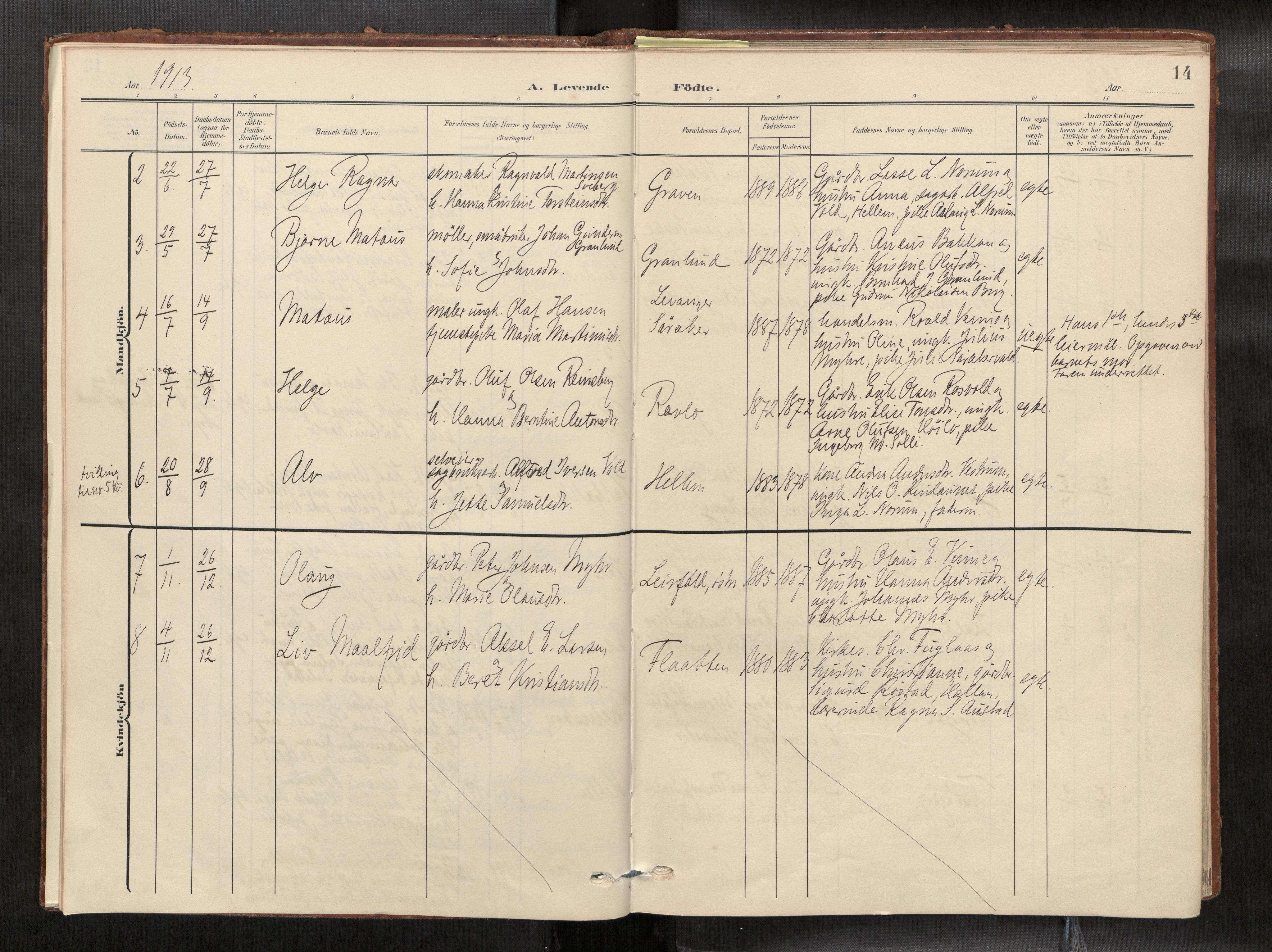 Verdal sokneprestkontor, SAT/A-1156/2/H/Haa/L0003: Parish register (official) no. 3, 1907-1921, p. 14
