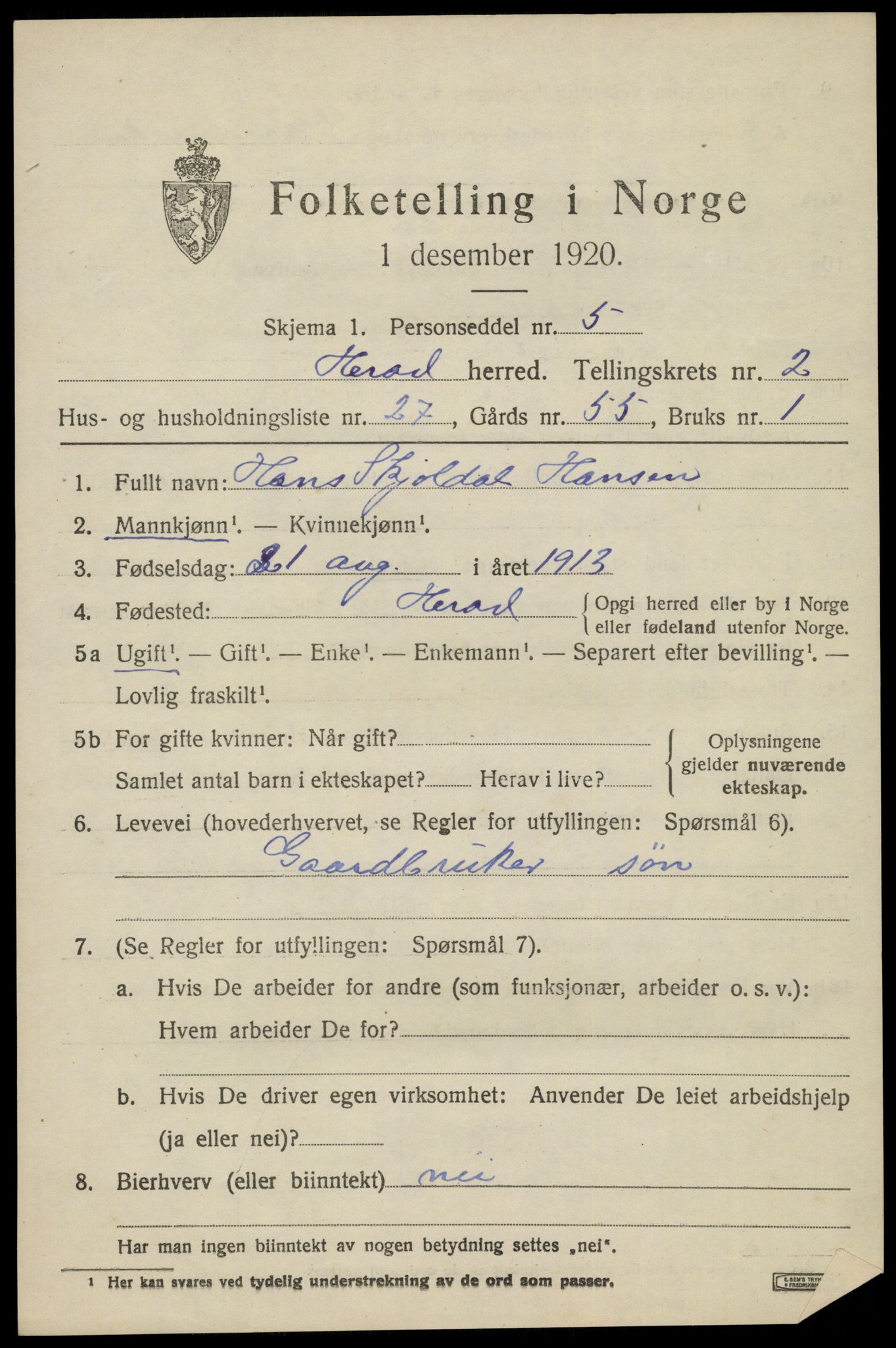 SAK, 1920 census for Herad, 1920, p. 1316