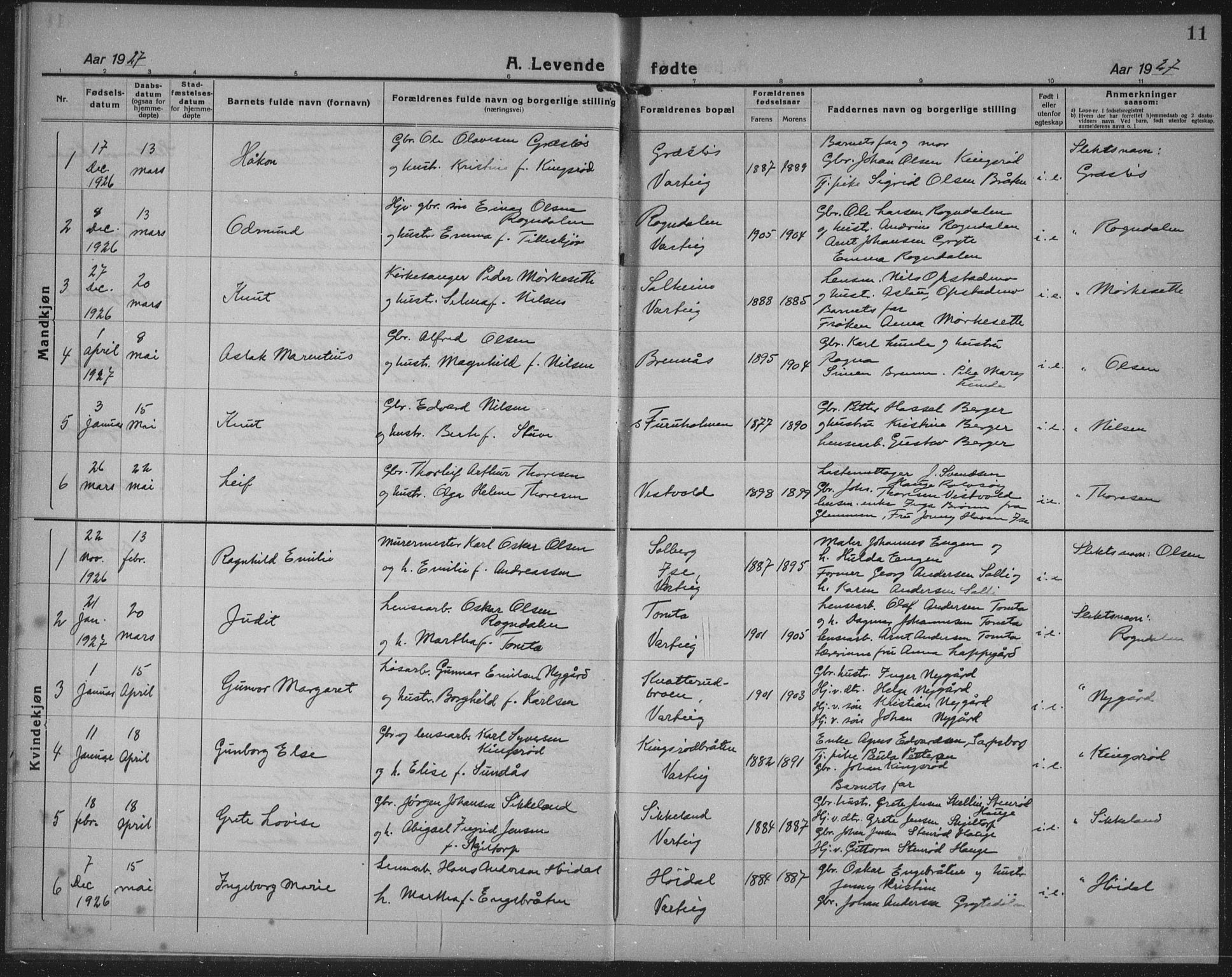 Varteig prestekontor Kirkebøker, SAO/A-10447a/G/Ga/L0002: Parish register (copy) no. 2, 1924-1941, p. 11