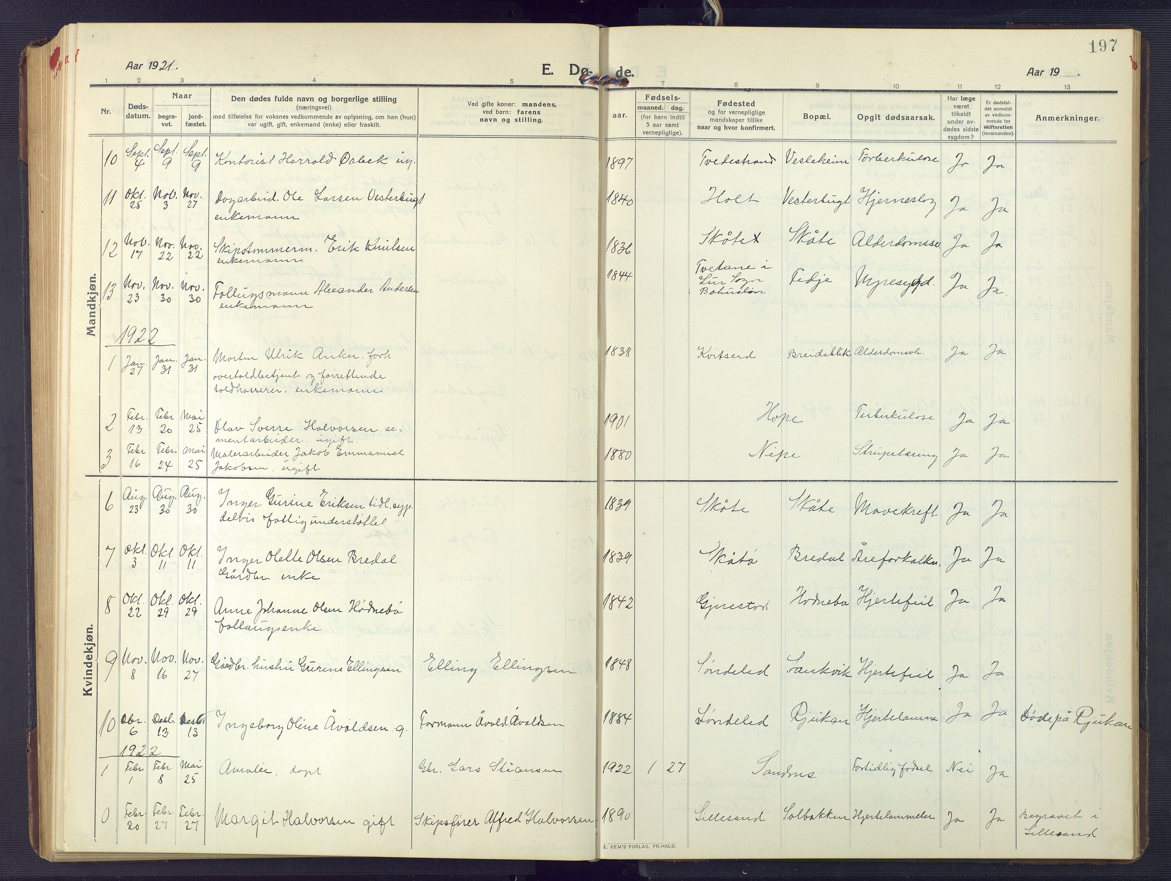 Søndeled sokneprestkontor, SAK/1111-0038/F/Fb/L0006: Parish register (copy) no. B 7, 1912-1947, p. 197