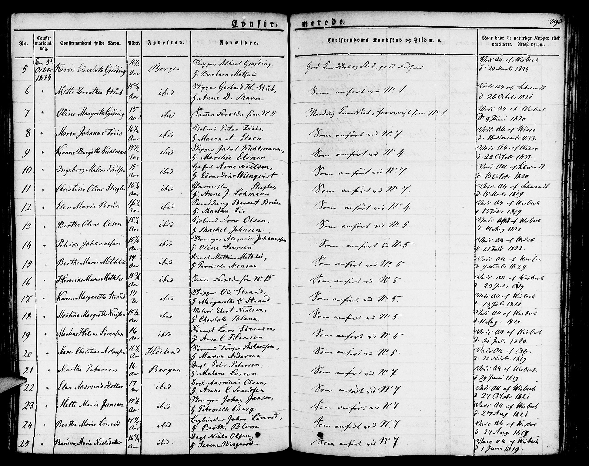 Nykirken Sokneprestembete, SAB/A-77101/H/Haa/L0012: Parish register (official) no. A 12, 1821-1844, p. 393