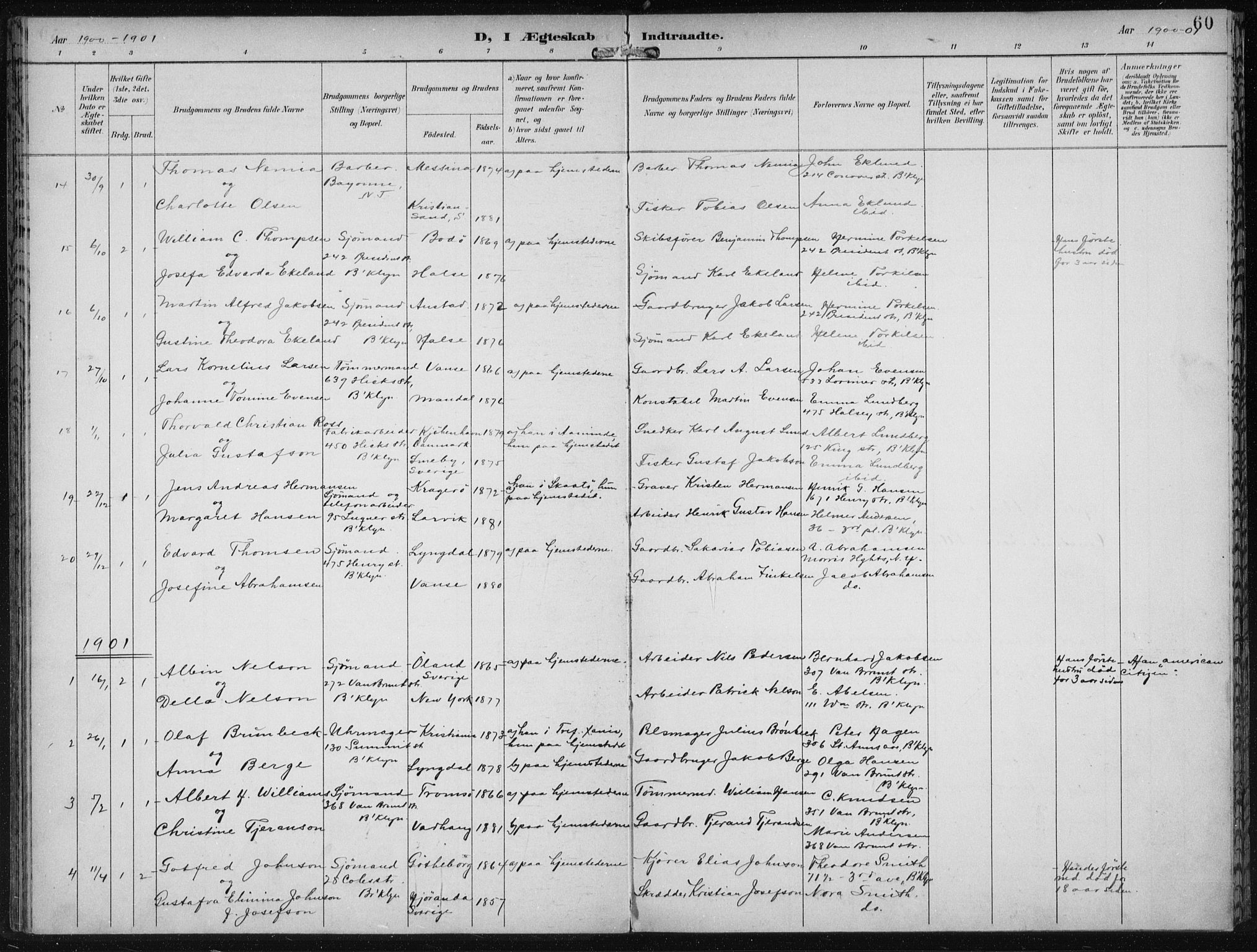 Den norske sjømannsmisjon i utlandet/New York, SAB/SAB/PA-0110/H/Ha/L0004: Parish register (official) no. A 4, 1893-1901, p. 60
