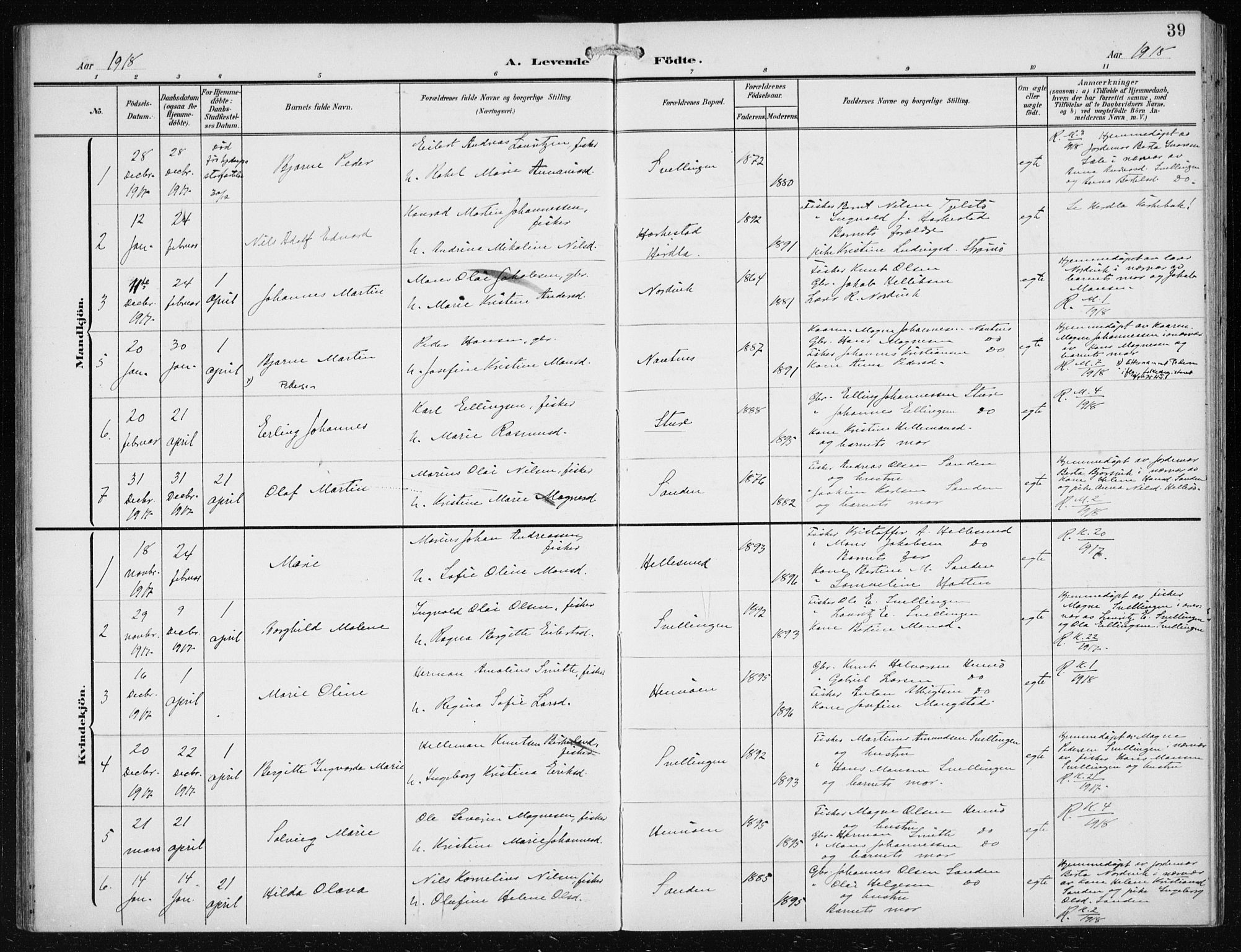 Herdla Sokneprestembete, AV/SAB-A-75701/H/Haa: Parish register (official) no. B 1, 1902-1921, p. 39