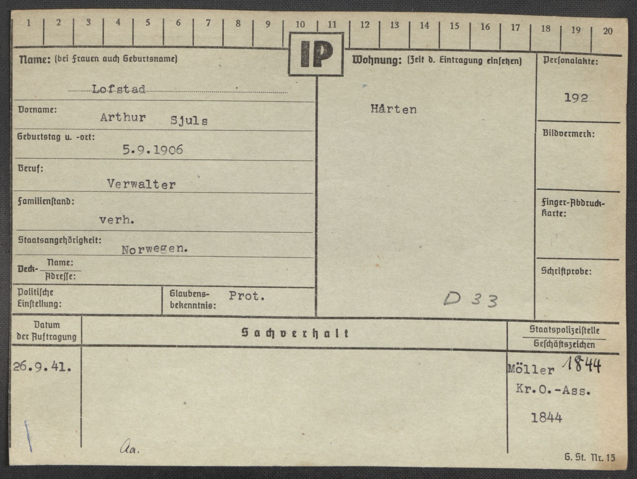 Befehlshaber der Sicherheitspolizei und des SD, AV/RA-RAFA-5969/E/Ea/Eaa/L0006: Register over norske fanger i Møllergata 19: Kj-Lund, 1940-1945, p. 1209