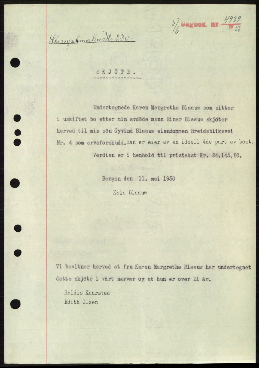 Byfogd og Byskriver i Bergen, AV/SAB-A-3401/03/03Bc/L0033: Mortgage book no. A26-27, 1950-1950, Diary no: : 4939/1950