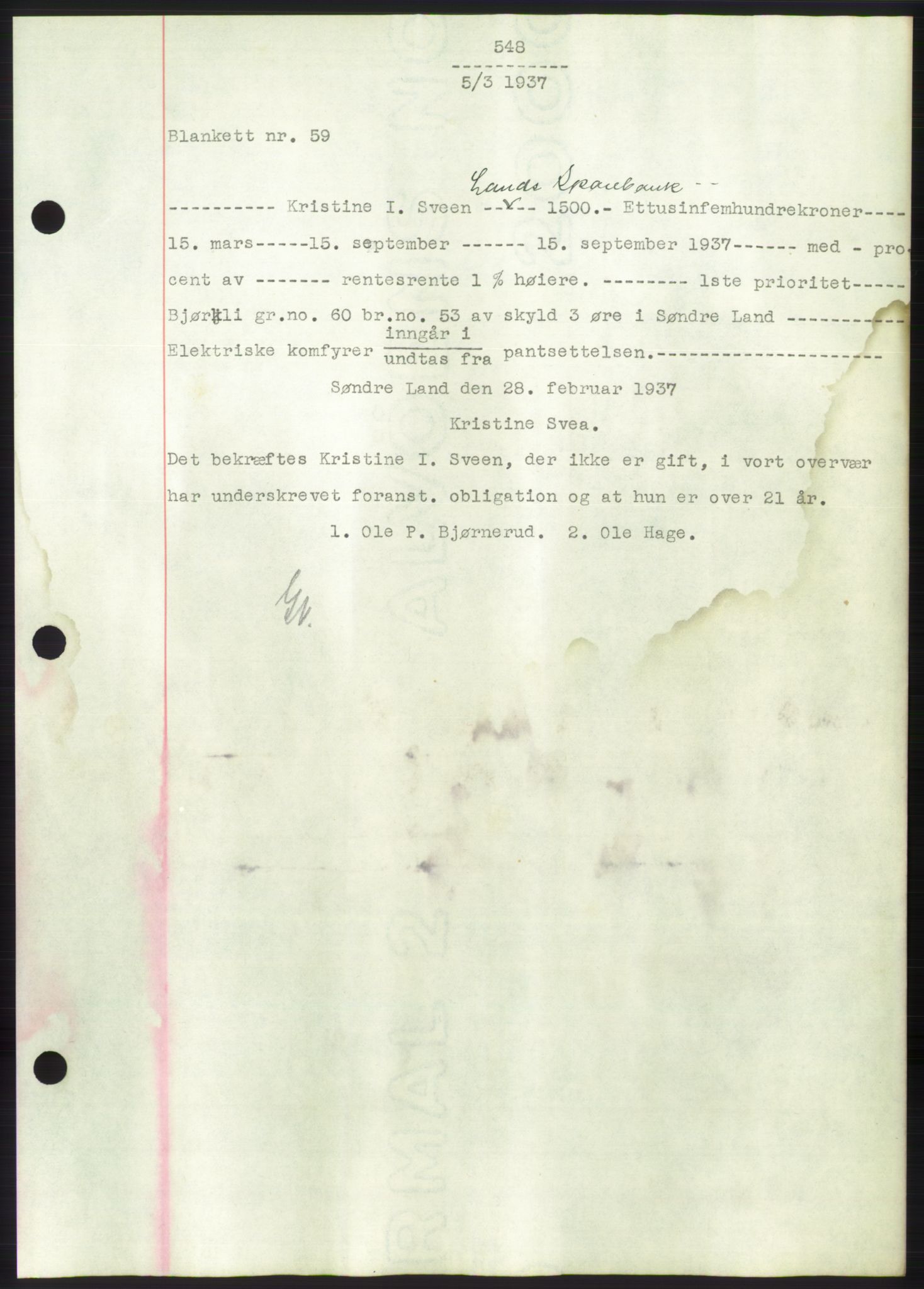 Hadeland og Land tingrett, AV/SAH-TING-010/H/Hb/Hbc/L0002: Mortgage book no. B2, 1936-1937, Diary no: : 548/1937