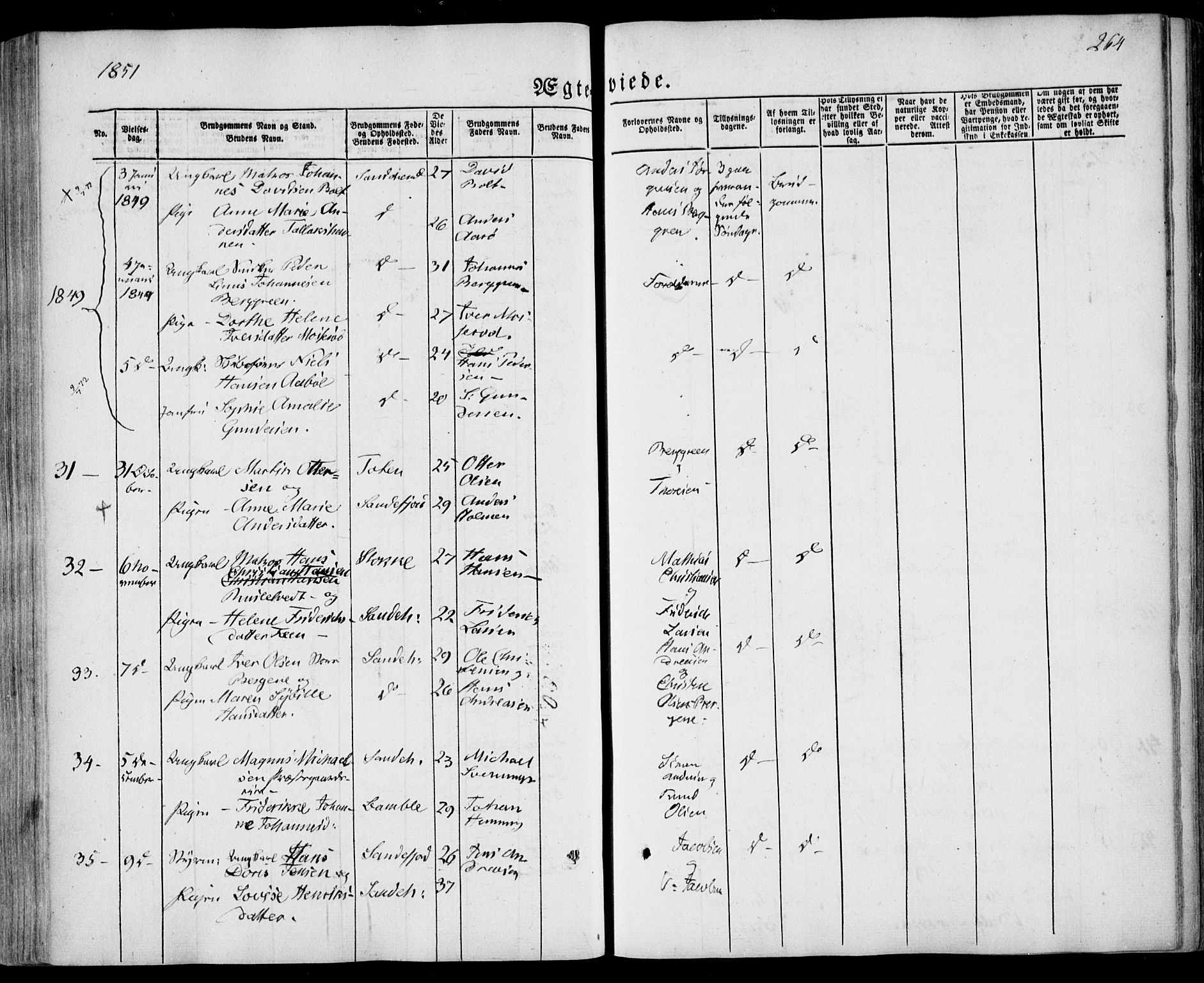 Sandar kirkebøker, SAKO/A-243/F/Fa/L0006: Parish register (official) no. 6, 1847-1860, p. 264