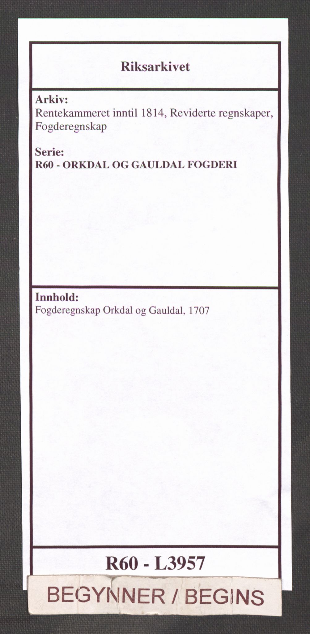 Rentekammeret inntil 1814, Reviderte regnskaper, Fogderegnskap, AV/RA-EA-4092/R60/L3957: Fogderegnskap Orkdal og Gauldal, 1707, p. 1